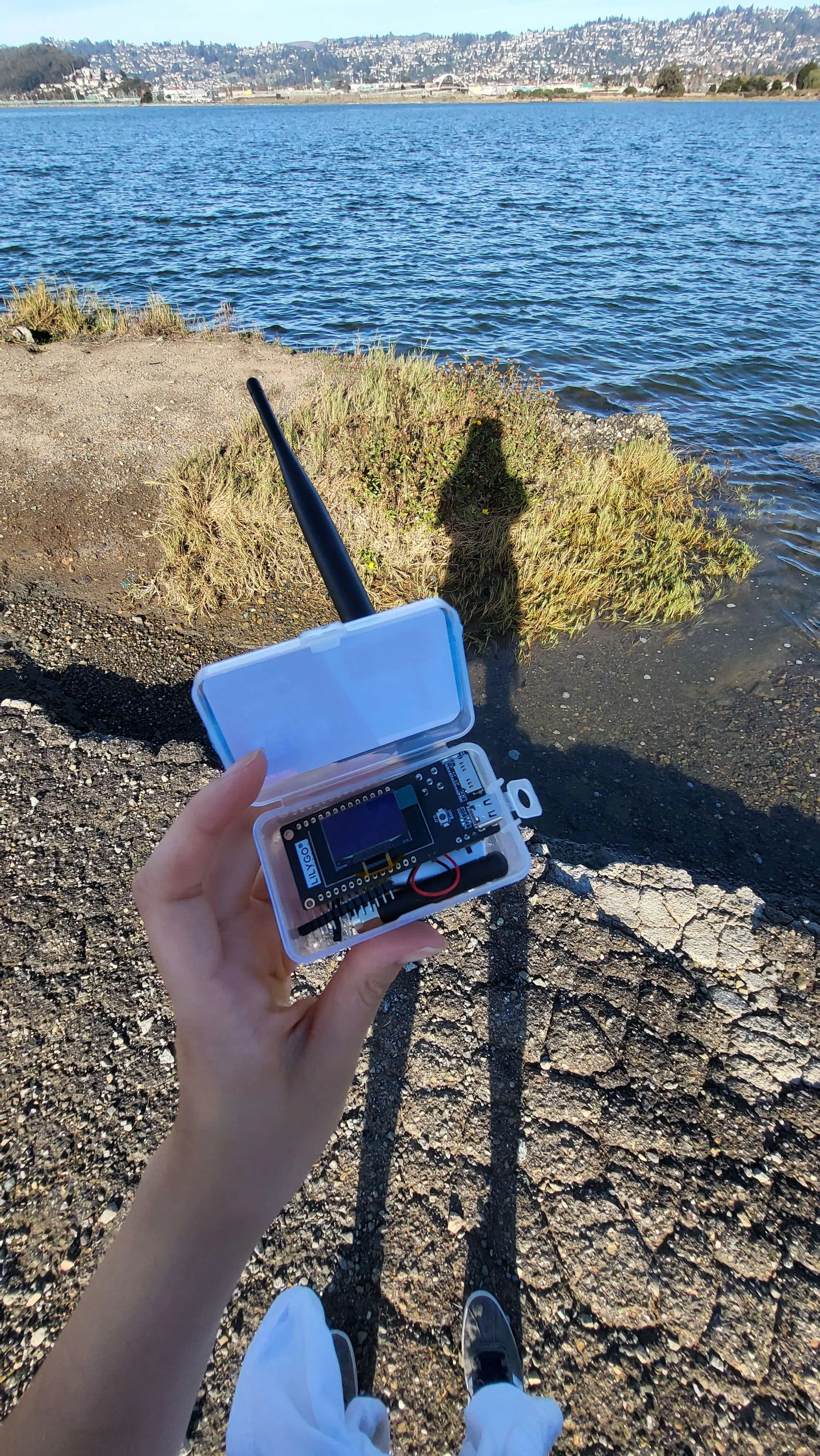 There is a hand holding a MESH LILYGO radio, with their shadow visible against a waterfront.