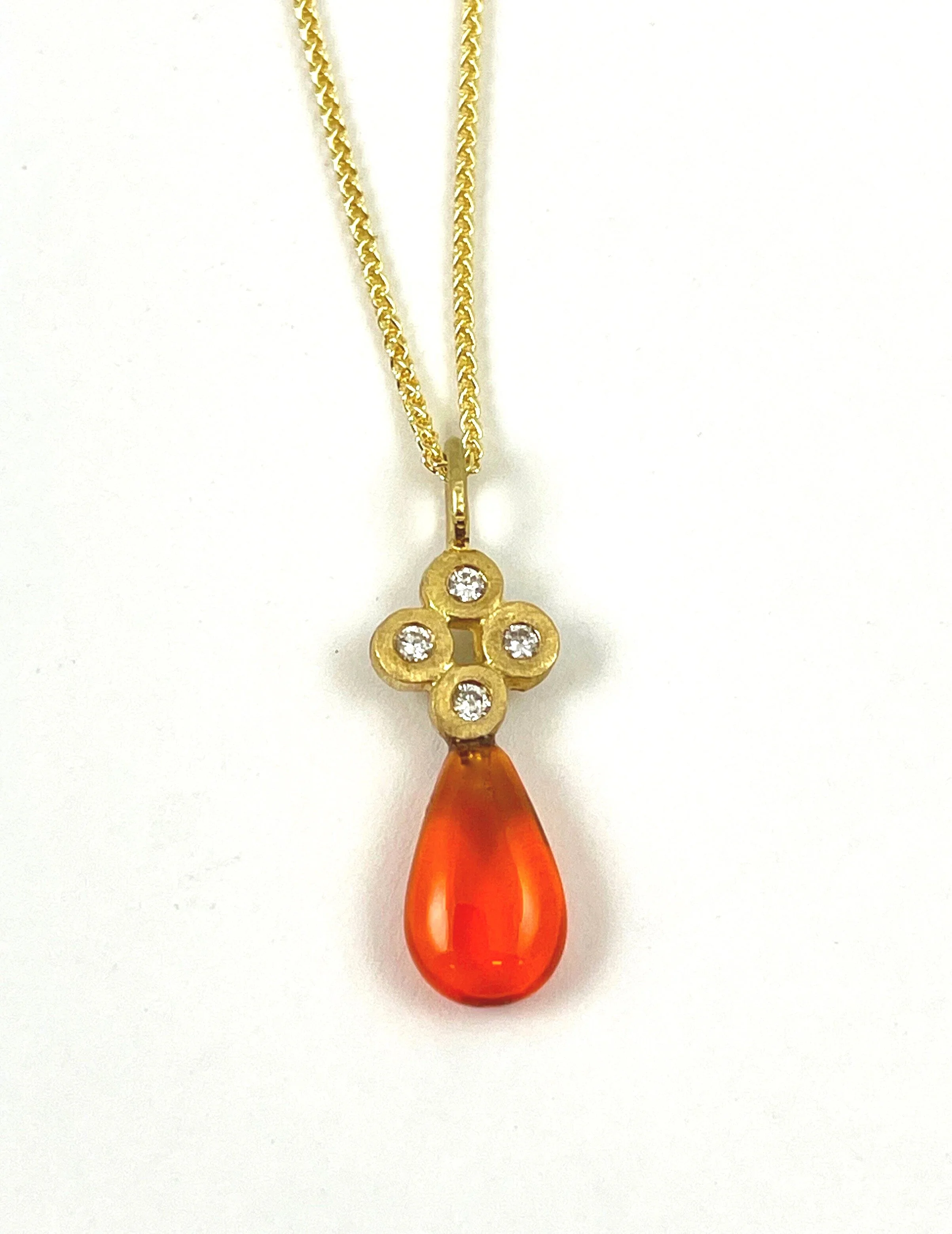 18K Siena pendant set with a  1.87ct Mexican Opal drop and 0.08ct total weight F/VS diamonds.