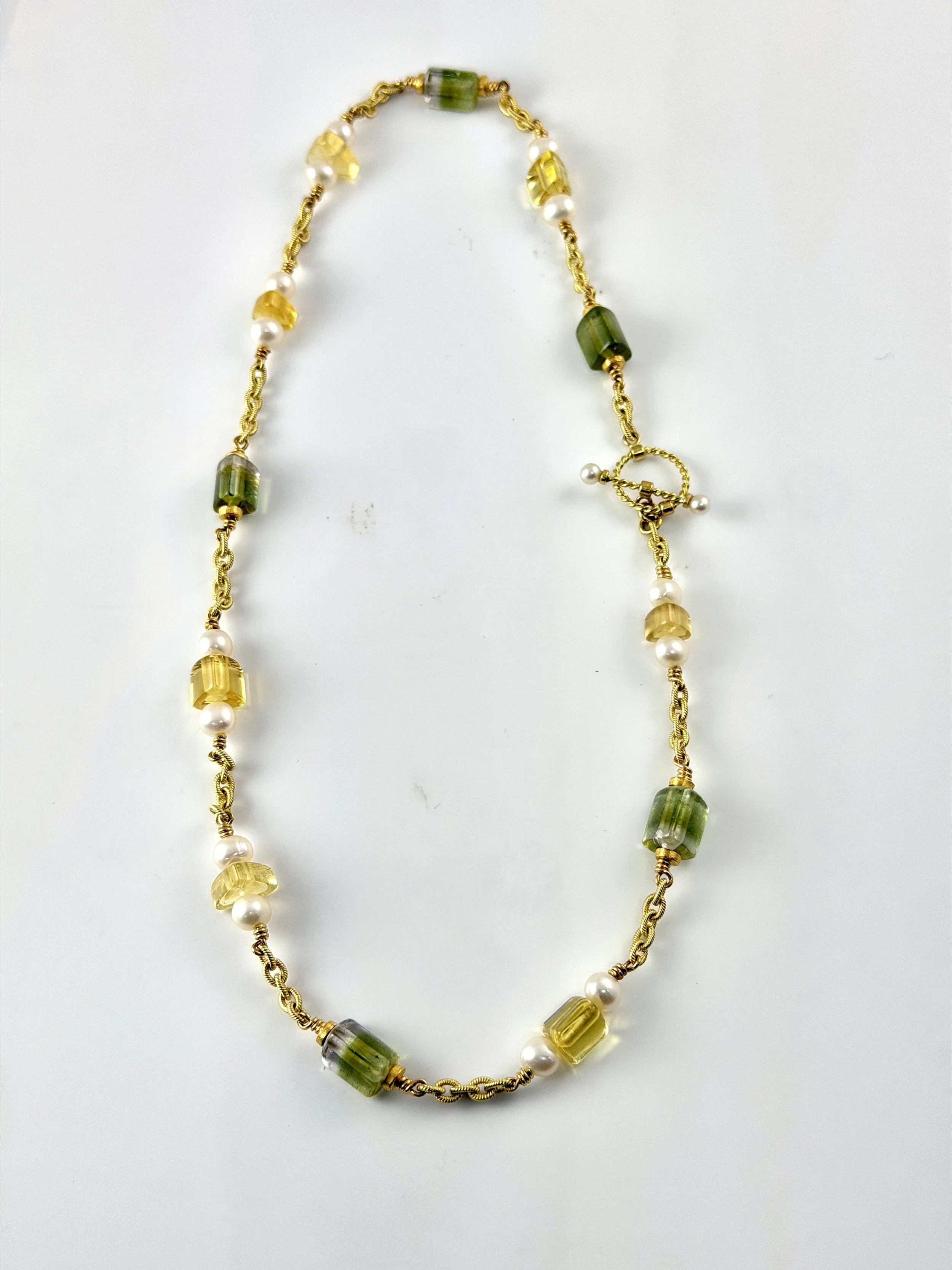 Artemesia necklace with tourmaline, golden beryl, and pearl on 18K wrapped cable chain.  One of a kind. $7556.