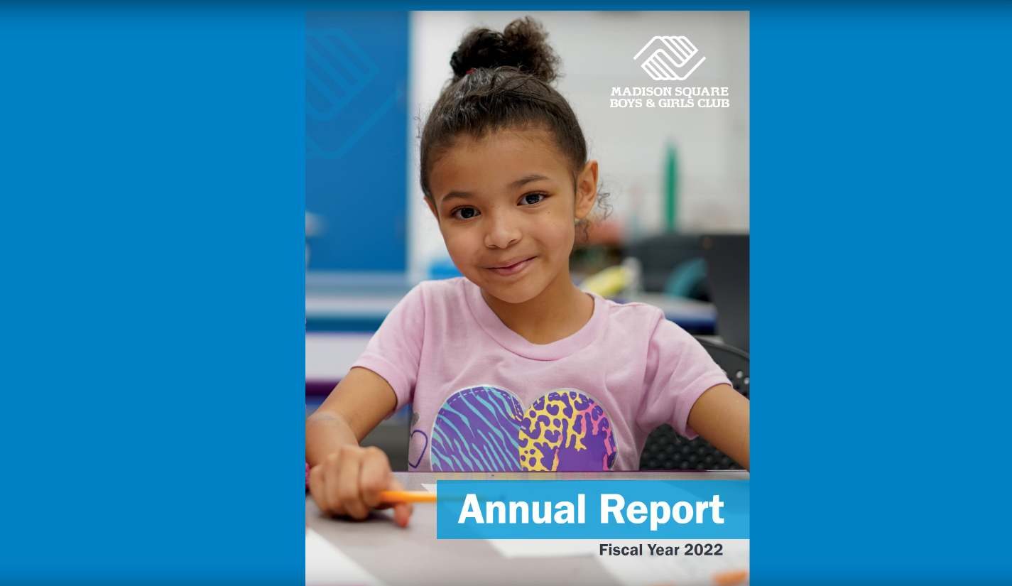 Cover of FY22 Annual Report - Young girl smiles at camera