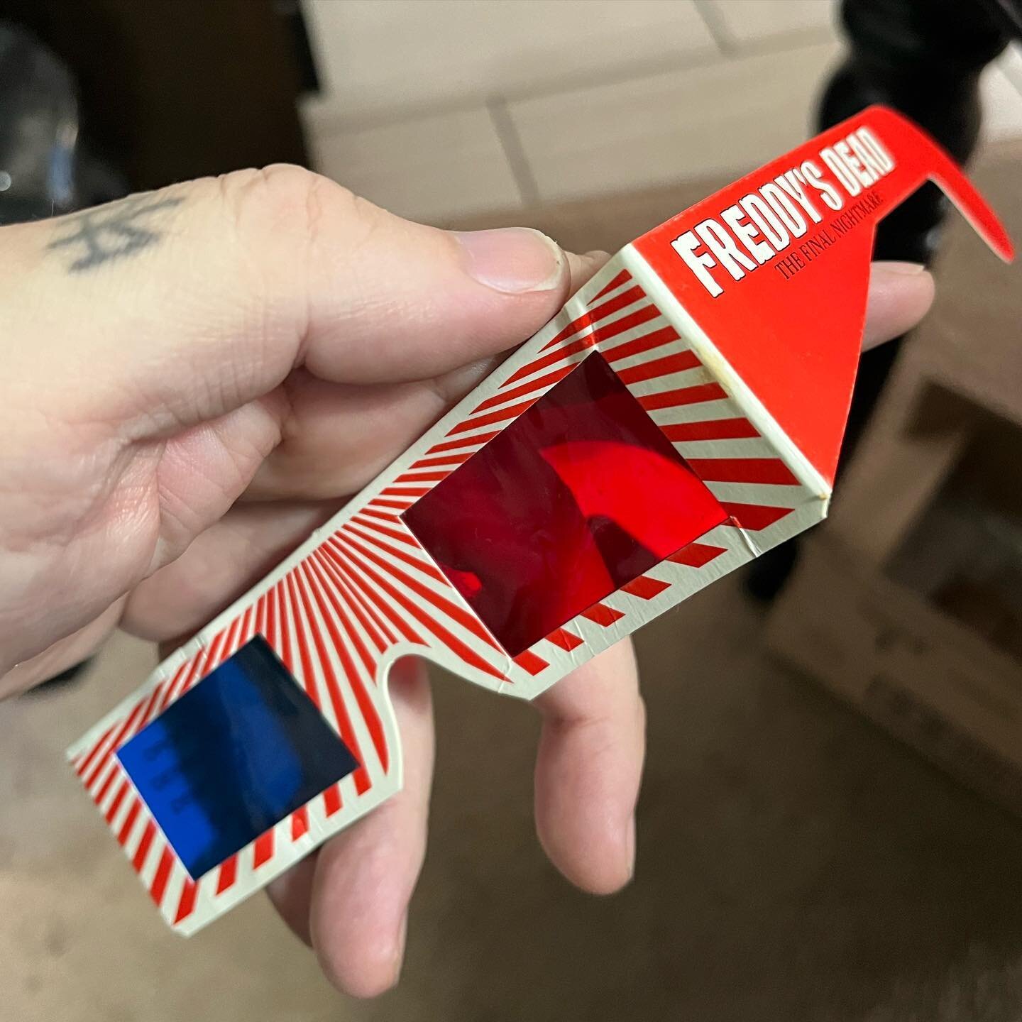 Friendship is Lindsey Carmichael finding these 31 year old Freddy&rsquo;s Dead 3D glasses in a box and mailing them to me (as a surprise!) from Texas. Goes excellent with the Barq&rsquo;s root beer variant I got from Ricky Dean Logan!