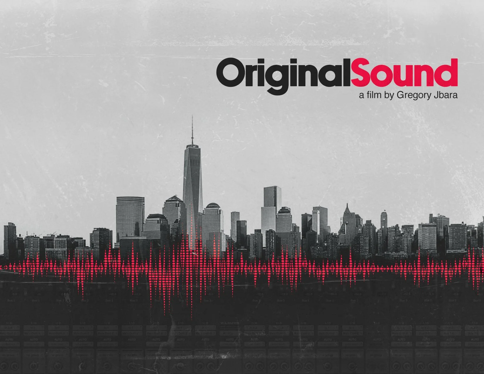 Title of a film called "Original Sound" by Gregory Jbara, with a black and white city skyline and a pink sound wave graphic.