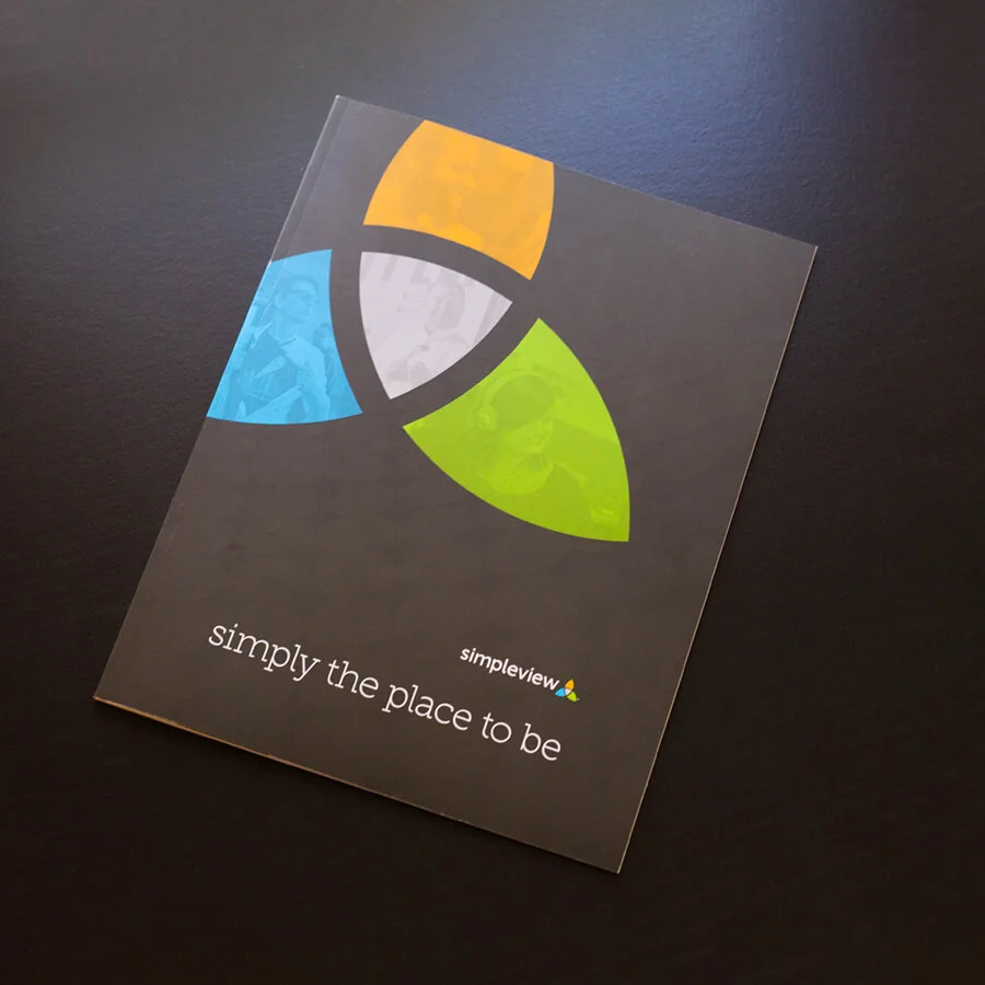 Simpleview recruiting book showing their workplace is "simply the place to be."