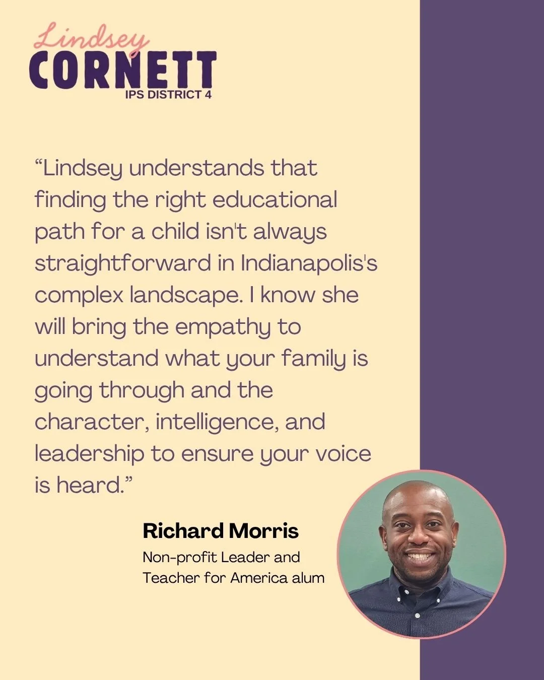 Quote from Richard Morris about education and empathy, with his photo in a pink circle at the bottom right corner, on a graphic with a purple and beige background and typography emphasizing his name and title.