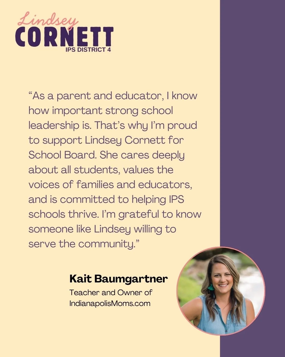 Lindsey Cornett's support statement for Kait Baumgartner, with her photo in a pink and purple themed announcement card.