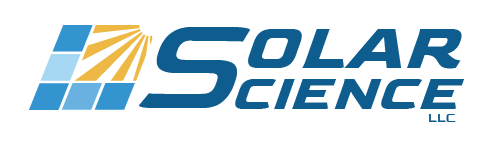 Logo for Solar Science LLC featuring a stylized solar panel and sun rays in blue and gold colors.