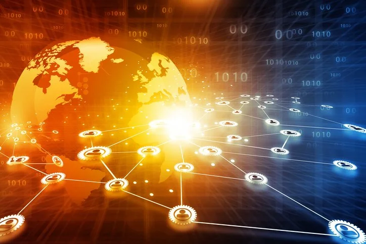 A globe with gold continents surrounded by ascending 3D bar graphs and a curved arrow, symbolizing global growth and progress.