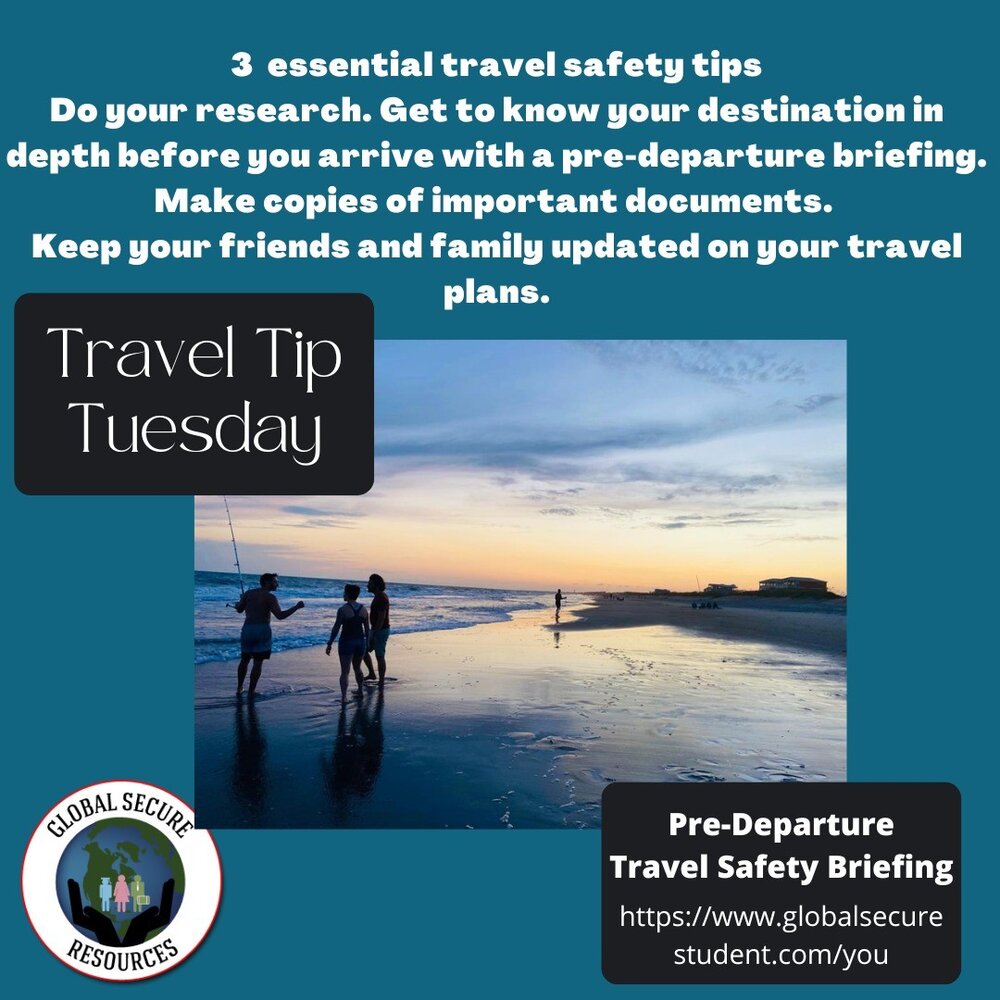 3 essential travel safety tips:
Do your research. Get to know your destination in depth before you arrive with a pre-departure briefing. Make copies of important documents. 
Keep your friends and family updated on your travel plans. DM us a message i