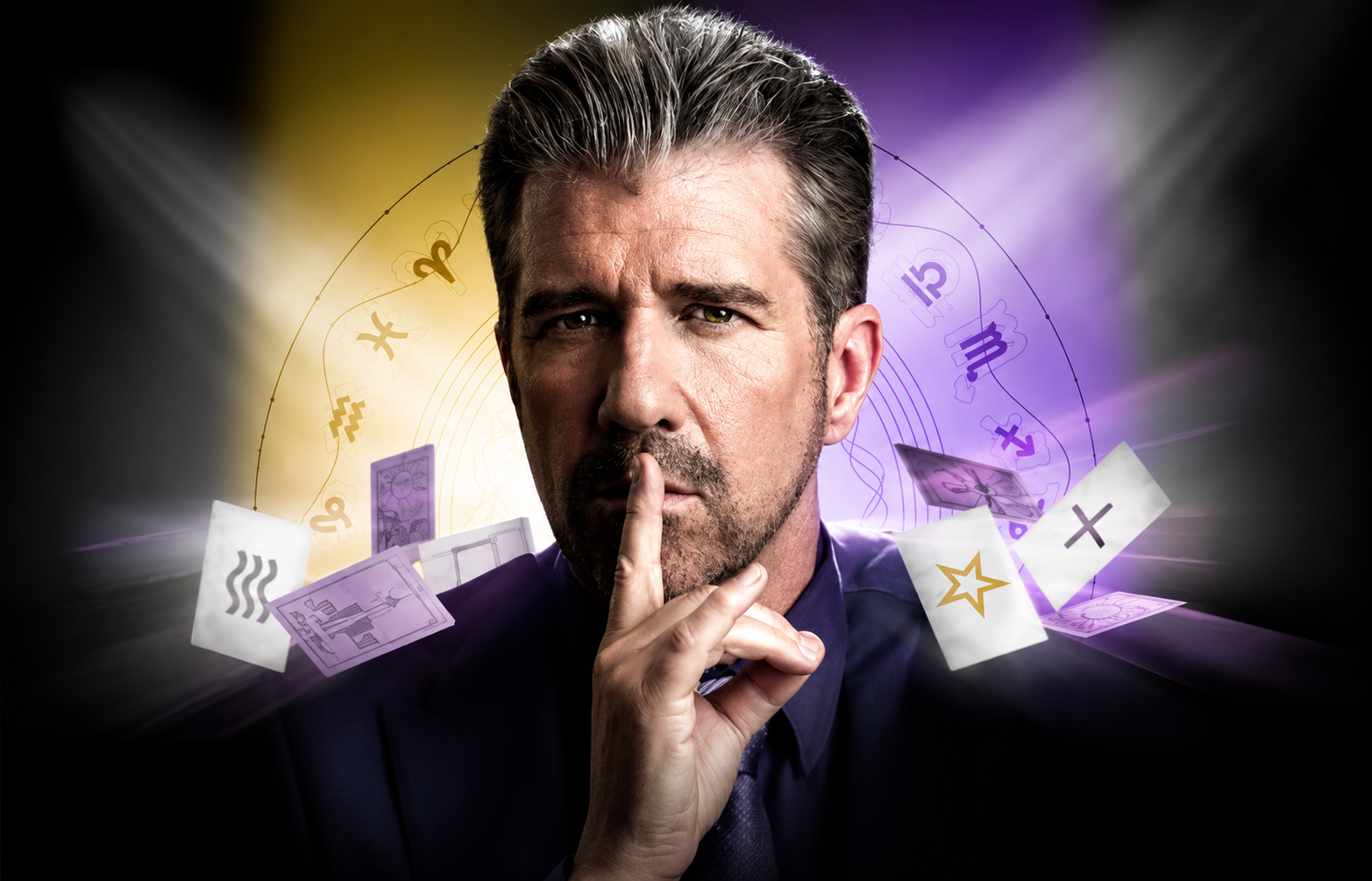 A man with dark hair and a beard making a 'shh' gesture with his finger in front of his lips, with floating tarot cards and zodiac symbols around him, and a background with a gradient from yellow to purple.