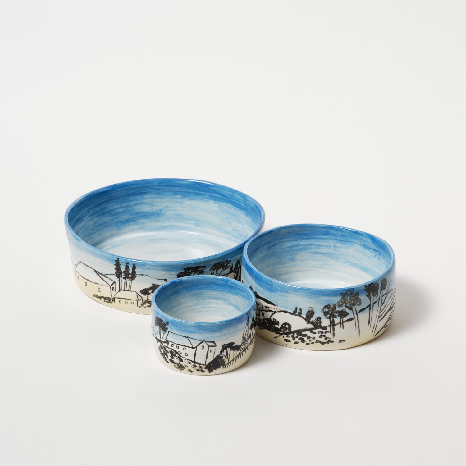 The rolling hills of Europe – Ceramic Bowl Set  (also pictured as collection) – Small 9cm x 5cm x 9cm $200 Medium 14cm x 6cm x 14cm $300 Large $400 19cm x 6cm x 19cm or as a set $650