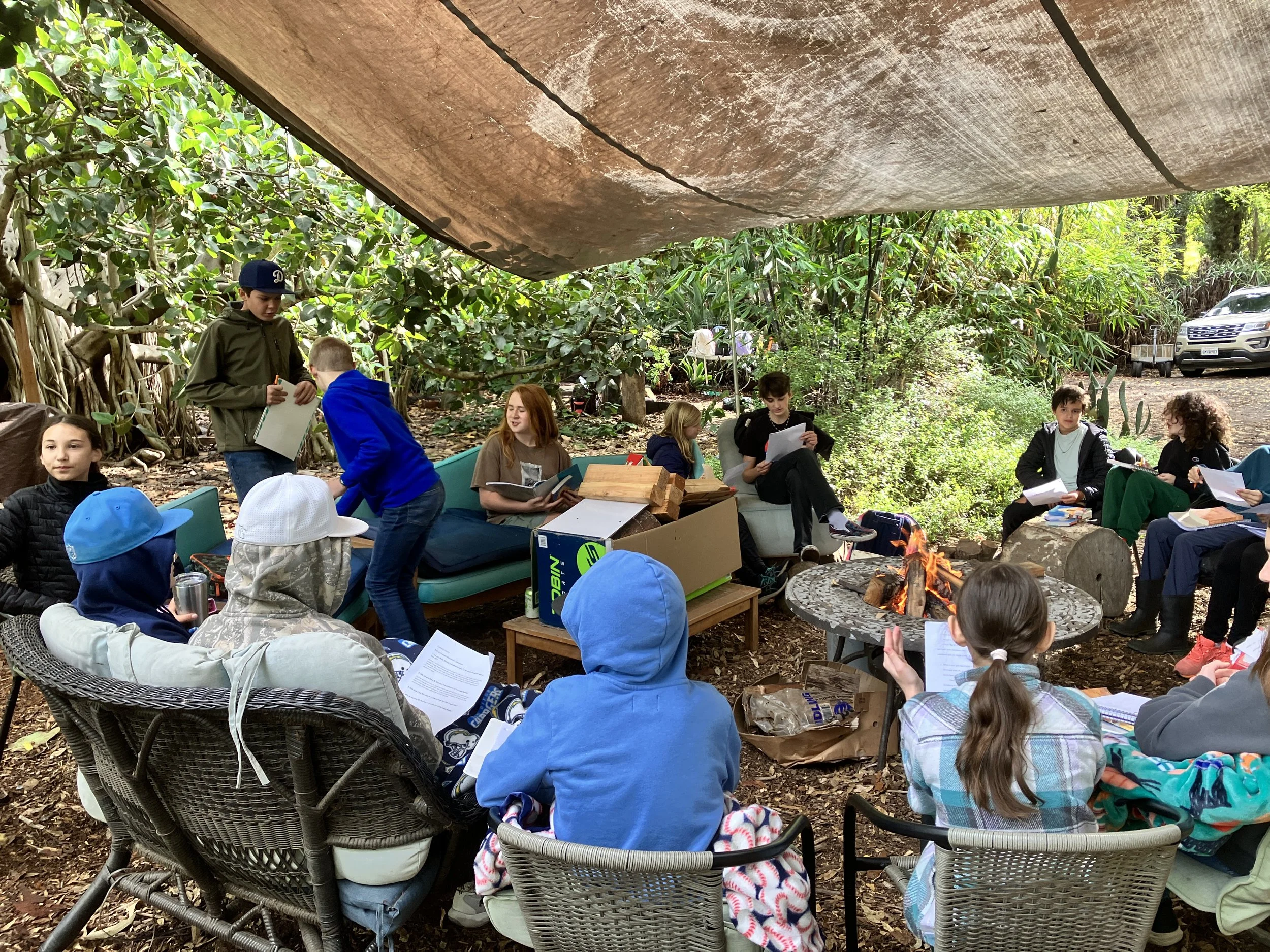 Book club on a cold wet day around the fire
