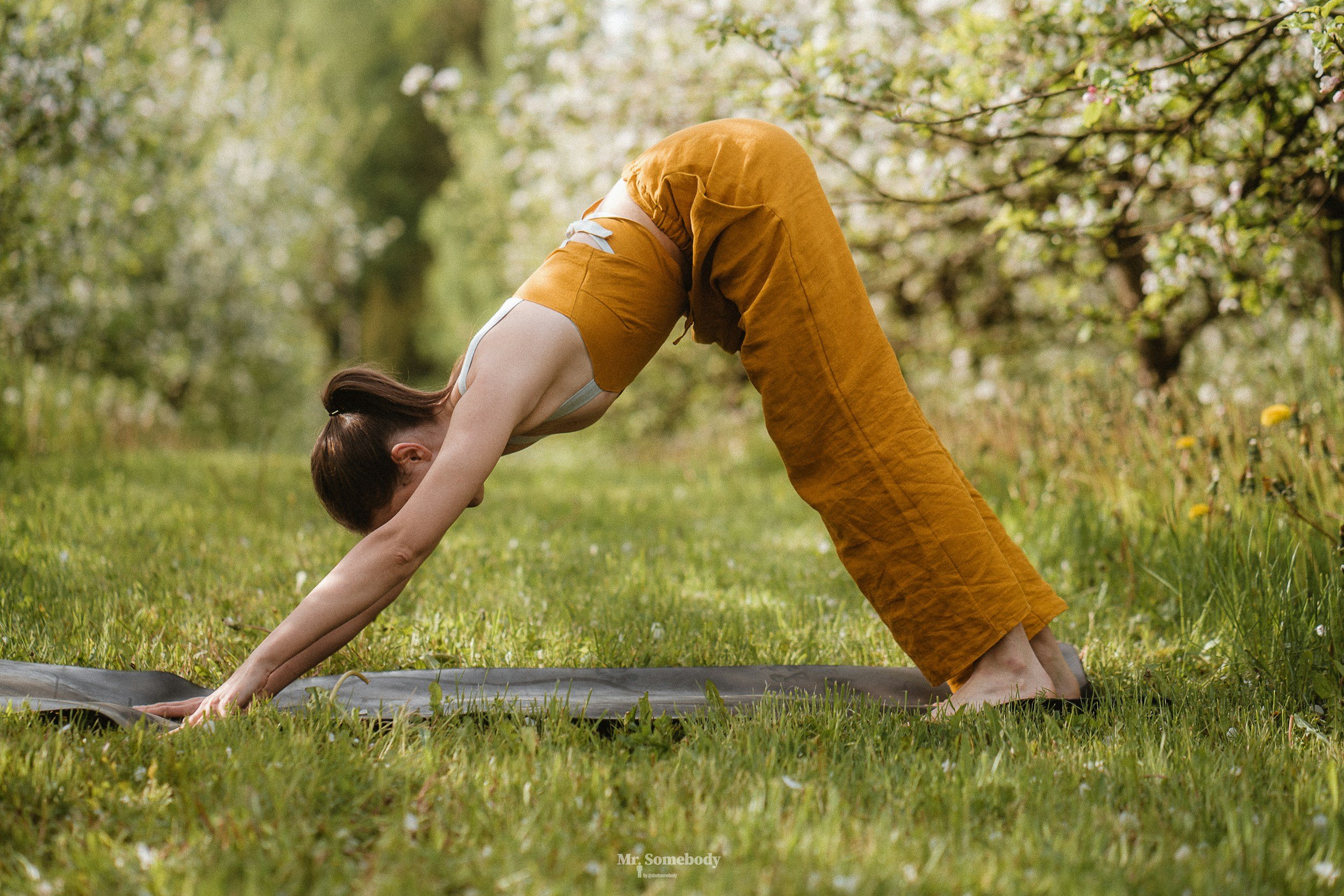 A woman practicing yoga outdoors in a grassy area with trees. She is in a downward dog pose with her head down and hands and feet on the ground. She is wearing an orange tank top and matching orange pants.