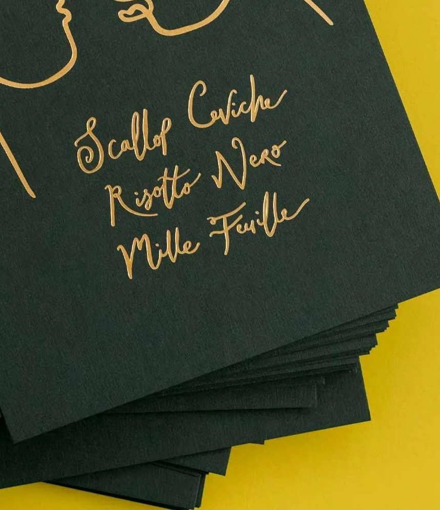 Gold foil menu design for a bespoke event at Bacchanalia, Mayfair by Studio Anika