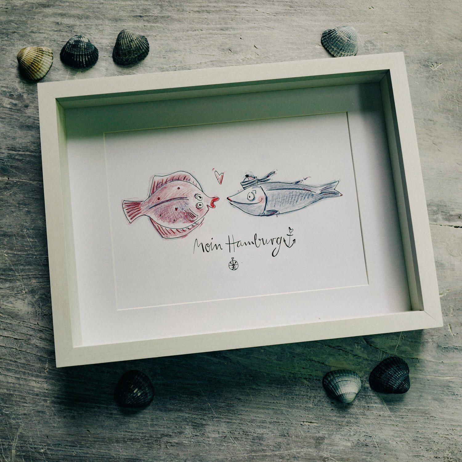 "Moin Hamburg", handgezeichnet, signiert, gerahmt.