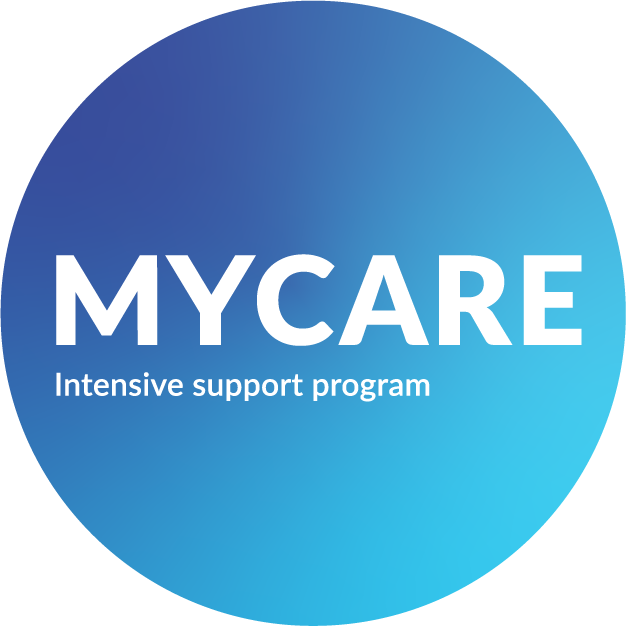 Blue circular logo for MYCARE, an intensive support program
