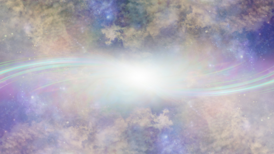 A cosmic scene with a bright white light at the center, surrounded by colorful, wispy clouds and faint rainbow-like streaks across a starry sky.