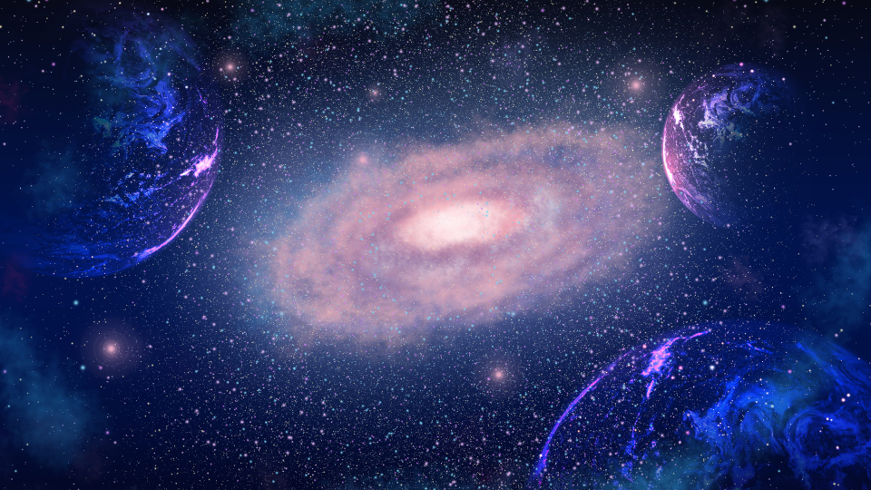 Digital illustration of outer space with galaxies, stars, and planets.