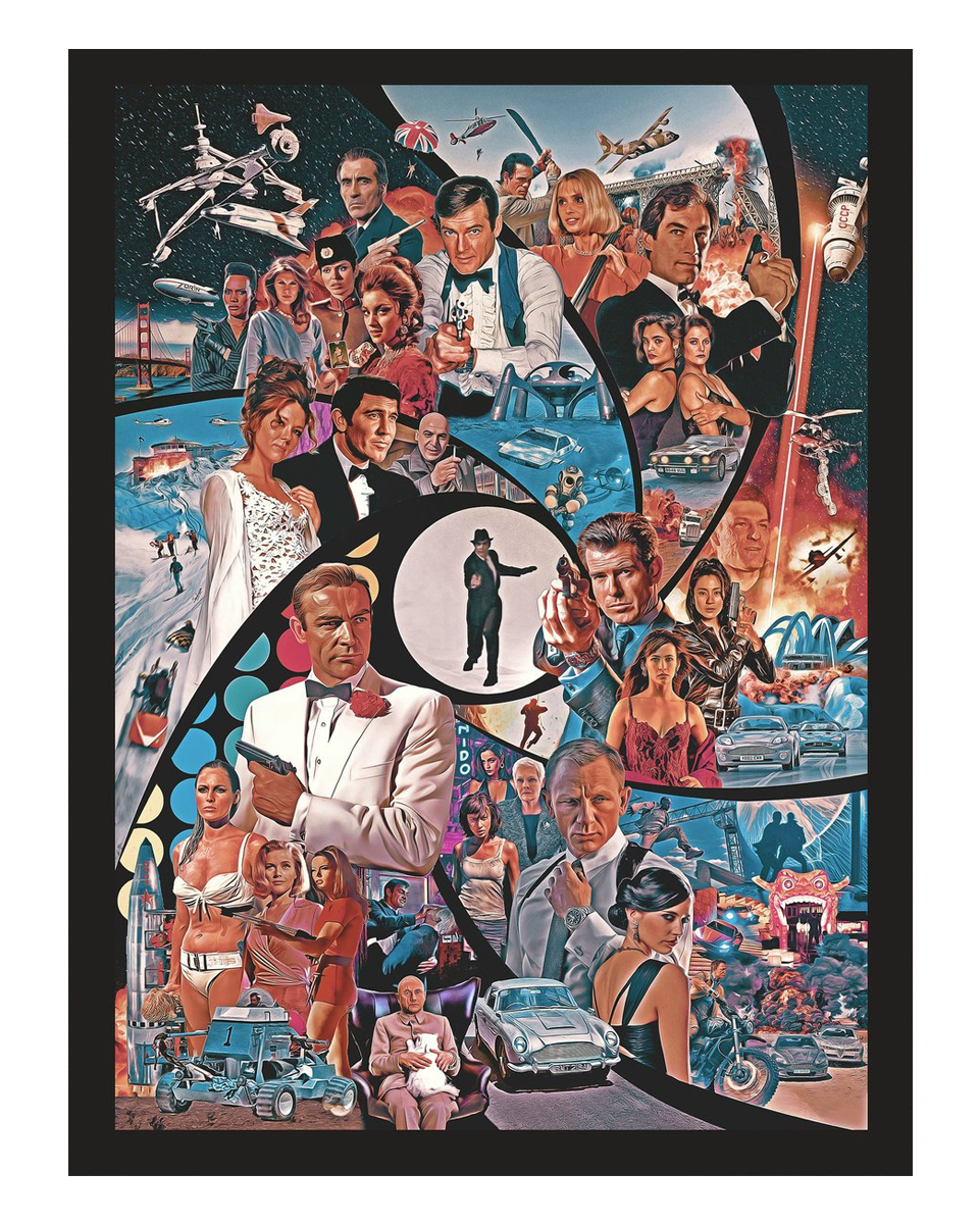 Bond Tribute Print: 60 Years
 Sean Longmore • 2021 • Artist Edition

 Created to celebrate six decades of Bond cinema, the piece distills the franchise into a sleek collage of espionage, silhouette, and evolving identity.