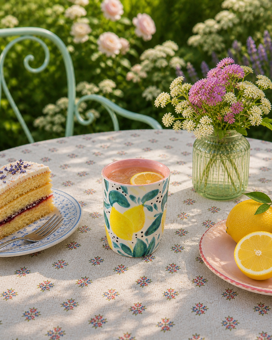 A tea party setup on a garden table with a floral tablecloth, featuring a slice of layered cake with lavender decoration, a colorful lemon-themed mug filled with iced tea and a lemon slice, a pink plate with whole and sliced lemons, and a green glass vase with pink and purple flowers, surrounded by greenery and blooming flowers.