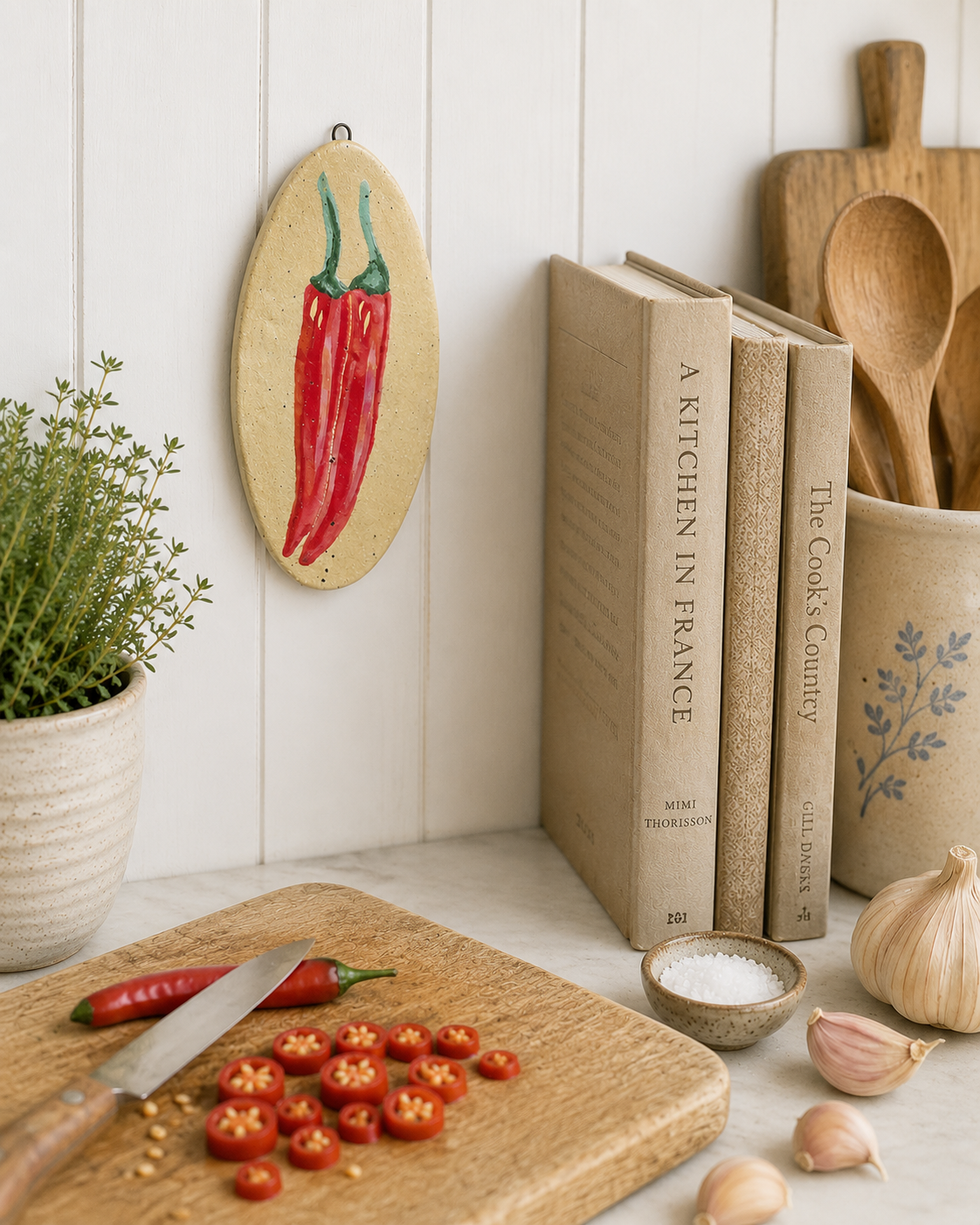 Decorative ceramic plate with painted red chili pepper hanging on white wall next to a bunch of cookbooks and kitchen utensils in a ceramic jar. Kitchen counter with chopped red chili and whole garlic, garlic cloves, a small bowl of salt, and a potted herb plant.