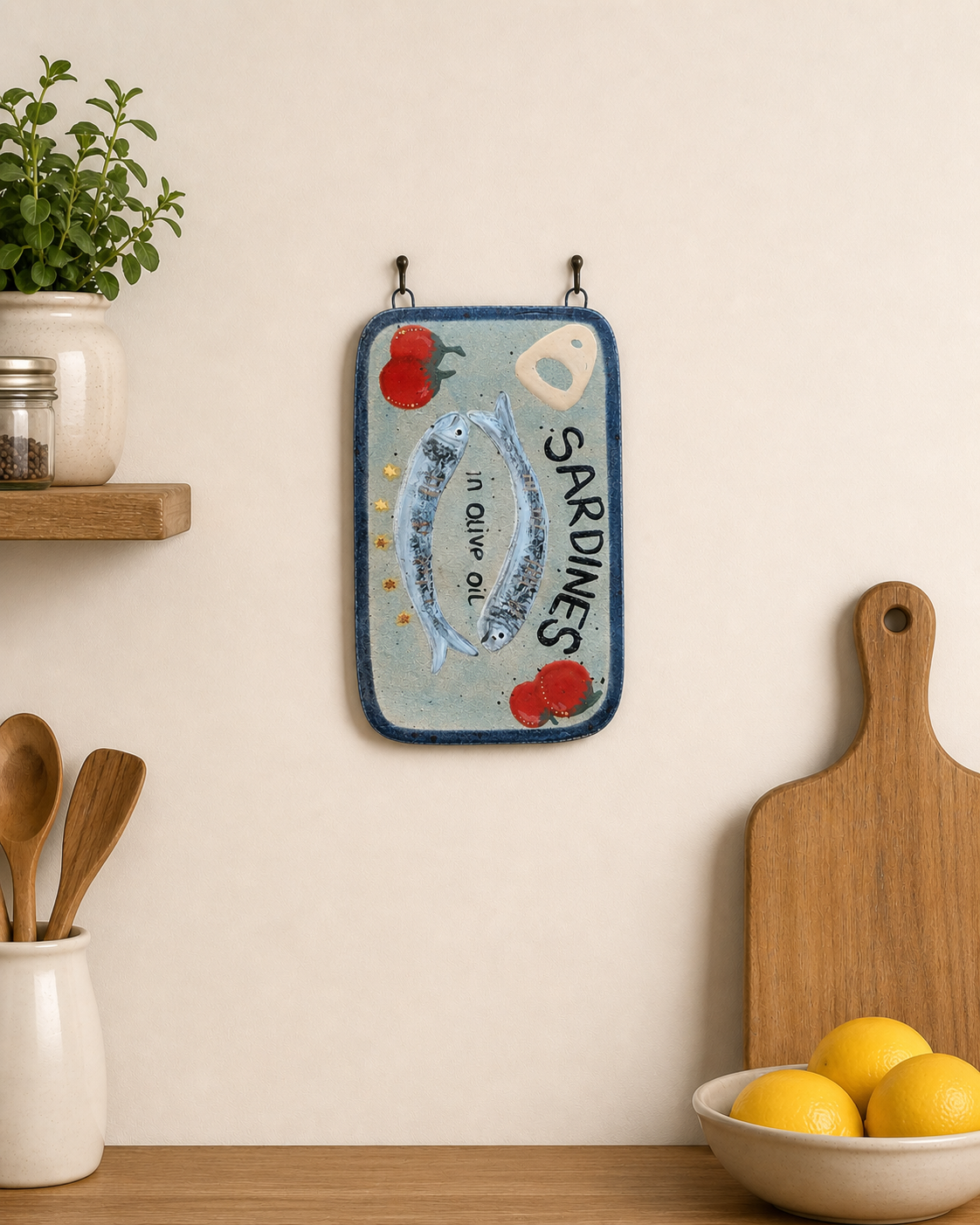 Decorative kitchen wall sign with fish and tomatoes, reading 'Sardines in olive oil', surrounded by lemons in a bowl, wooden cutting board, and kitchen utensils on a countertop.