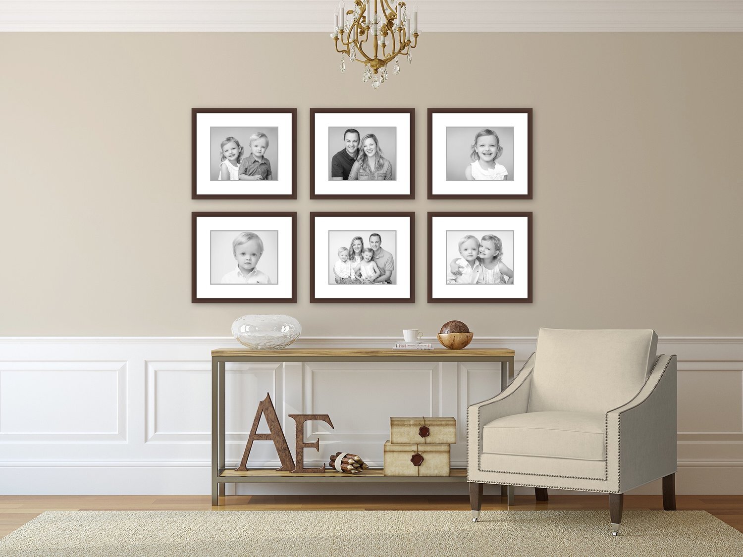 living room family photo gallery wall