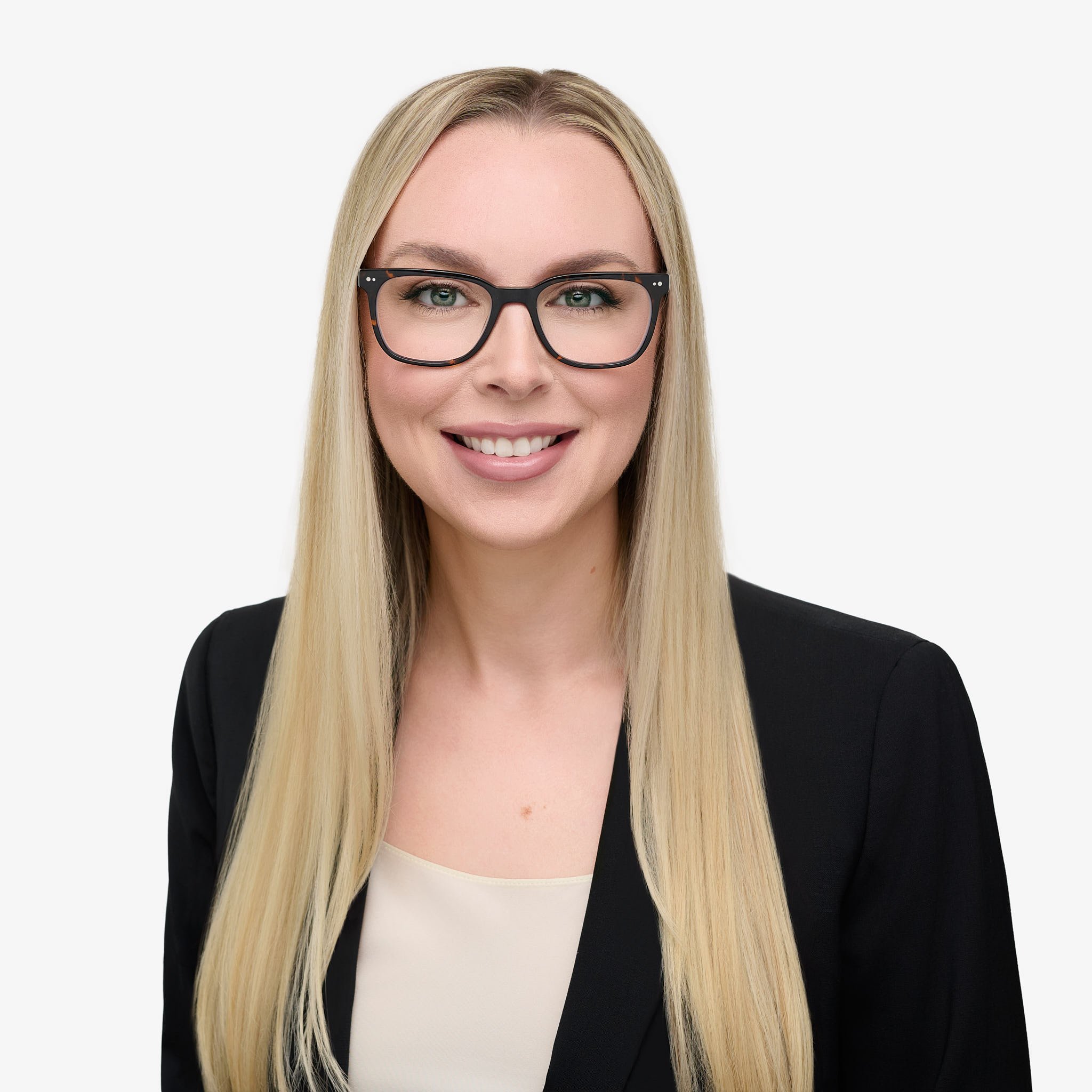 Modern business headshot of a female professional with glasses and long blonde hair, white background studio session by N. Lalor Photography.
