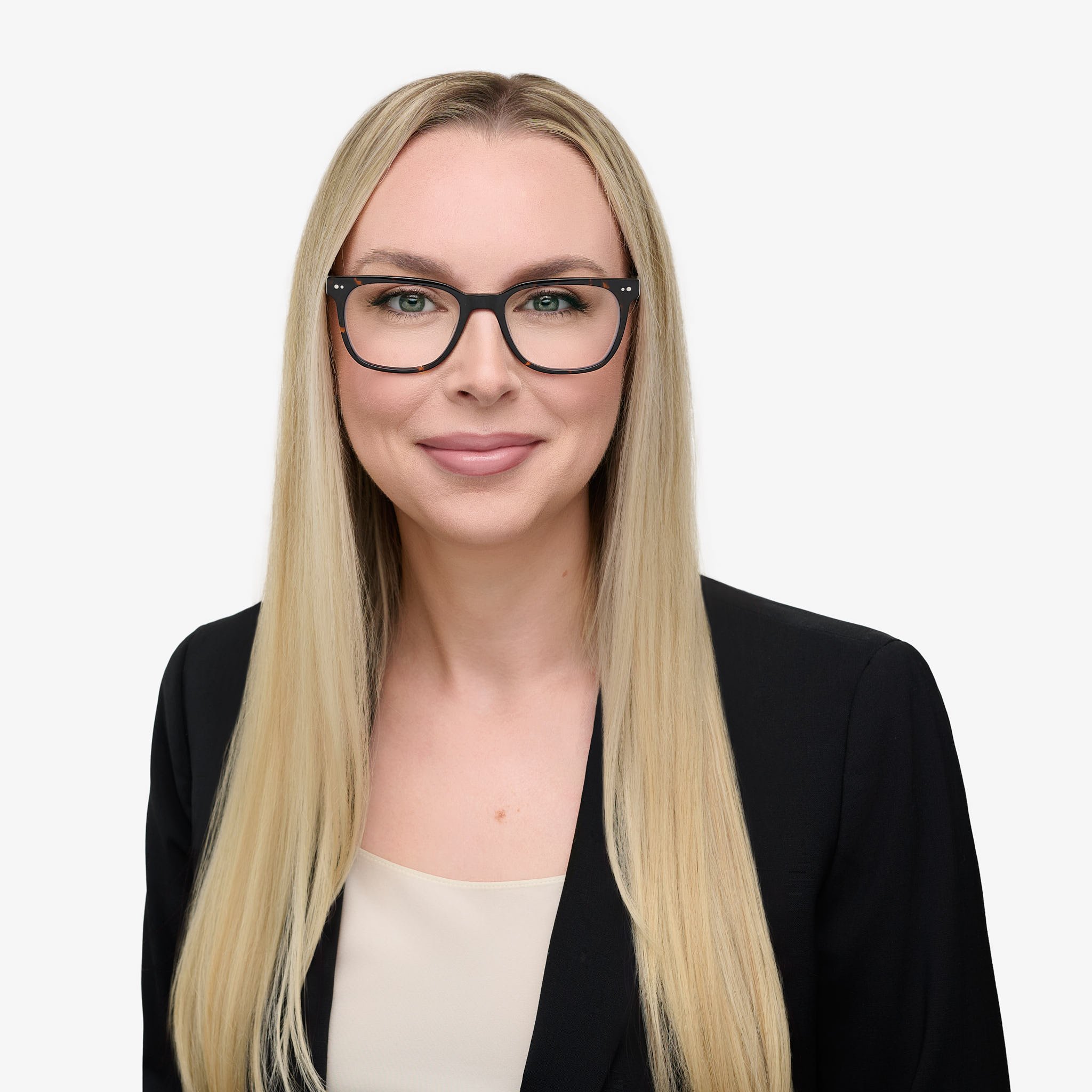 Studio headshot of a blonde woman with glasses and a black blazer, high-end professional portrait by N. Lalor Photography, Westport, CT.