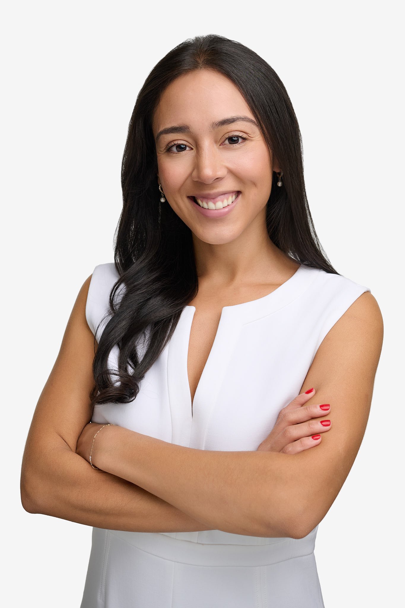 Professional LinkedIn headshot for a Hispanic female in a white dress, clean studio lighting by N. Lalor Photography in Westport, CT.
