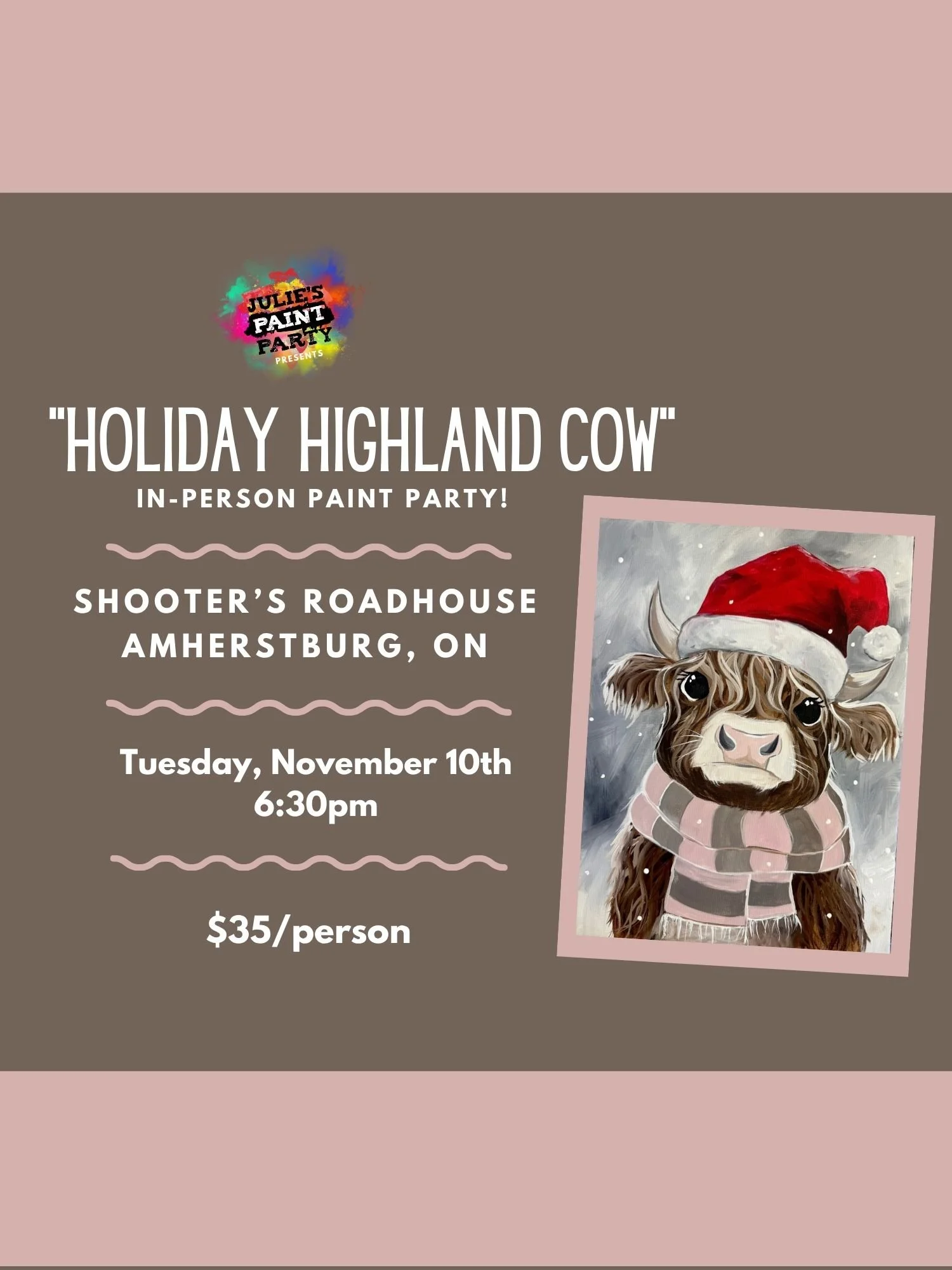"HOLIDAY HIGHLAND COW" IN-PERSON PAINT PARTY at Shooters Roadhouse, Tuesday, November 10th @ 6:30pm