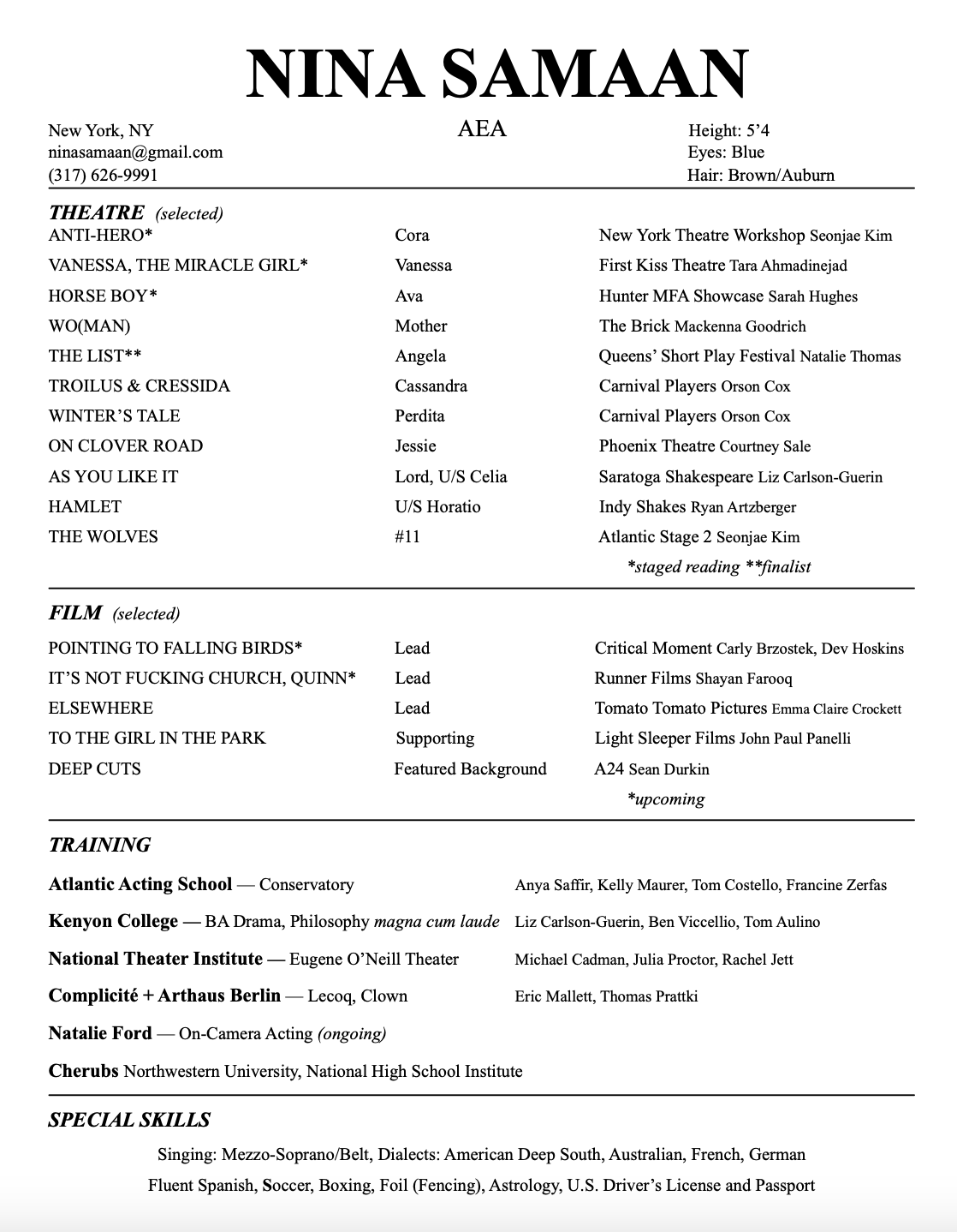 A resume for Nina Samaan listing contact info, physical description, theater, film, training, and skills sections.