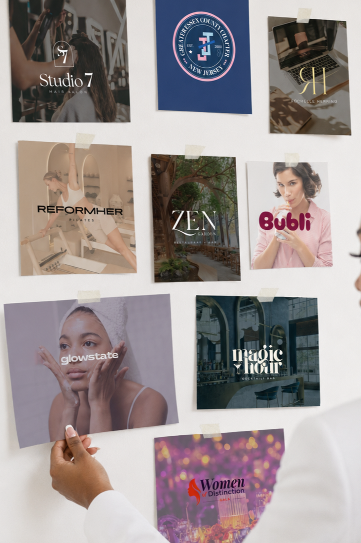 A person holding a photograph with the word 'glowstate' printed on it, and several other marketing images and logos taped on a wall, including beauty salons, community logos, and events.