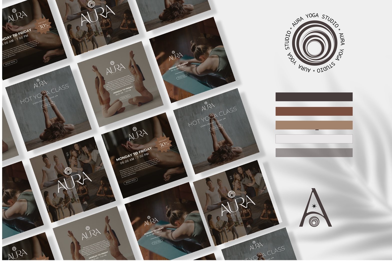 Aura Yoga Studio promotional materials featuring yoga class images, logos, schedule, and color palette.