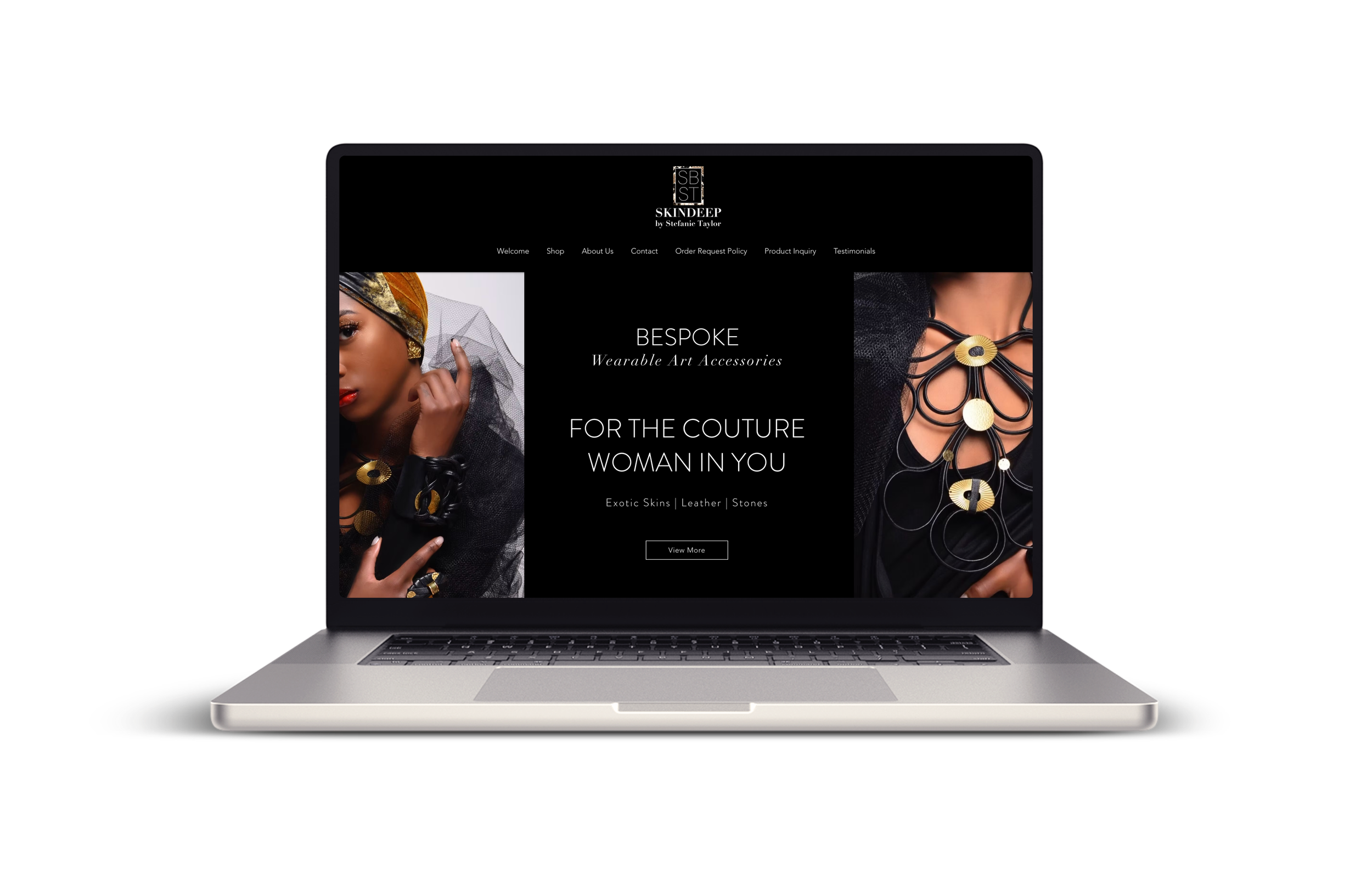 Skindeep by Stefanie Taylor website; features bespoke wearable art accessories for women, focused on couture fashion and exotic materials.
