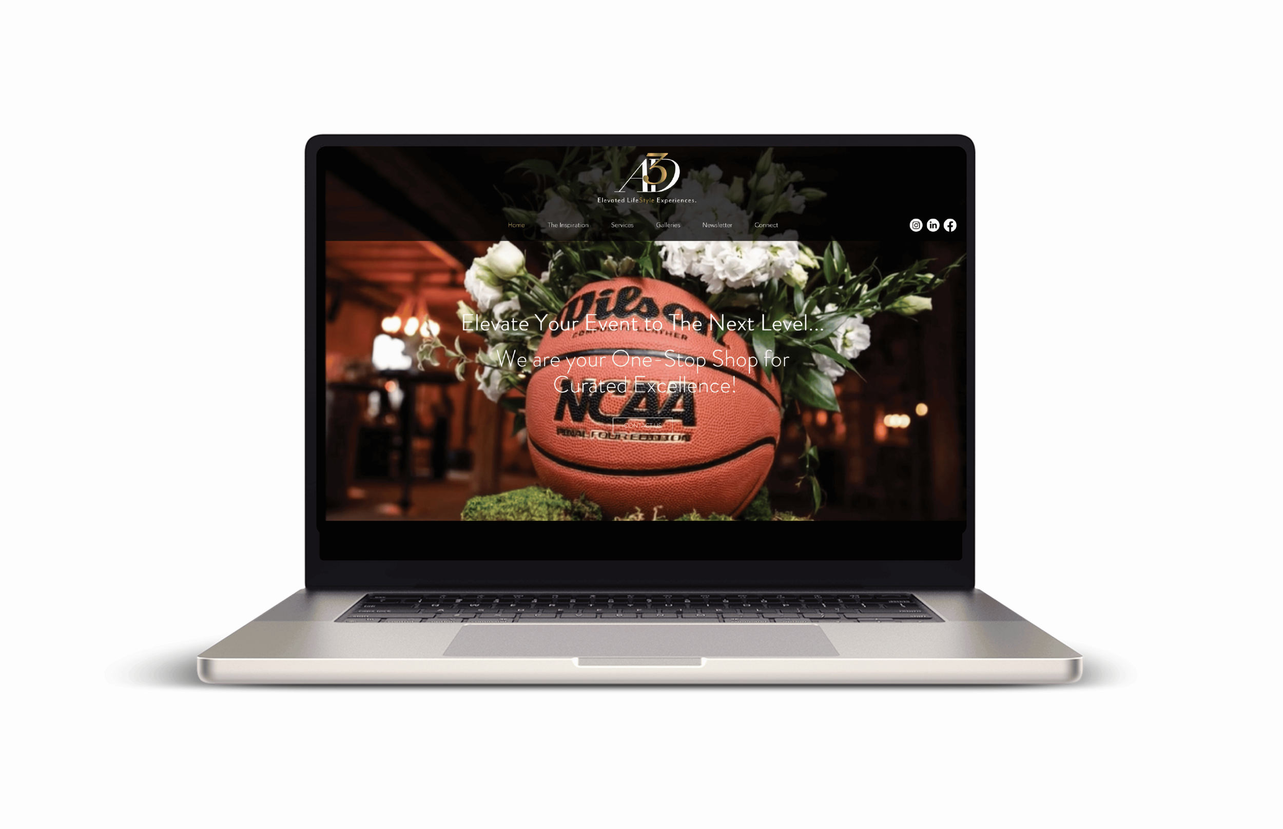 Laptop displaying a website homepage featuring a basketball with flowers and the text 'Elevate Your Event to The Next Level... We are your One-Stop Shop for Curated Excellence.'