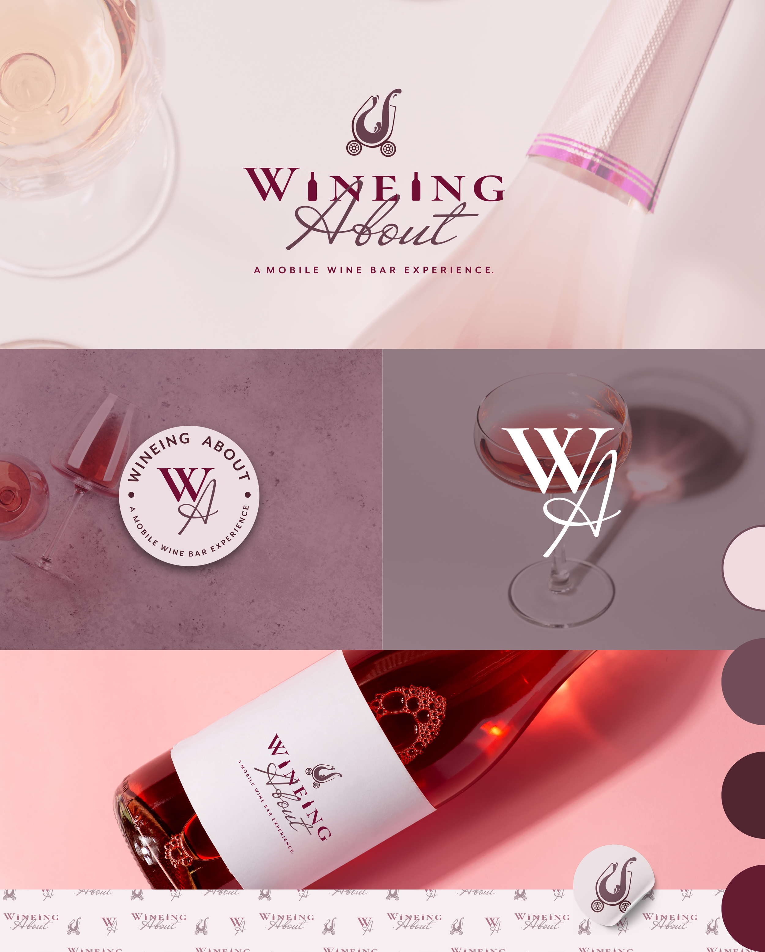 Collage showcasing "Wineing About: A Mobile Wine Bar Experience" branding. It includes a wine bottle, glasses, and logos with maroon and pink tones, featuring the logo of an illustrated wine glass and text.
