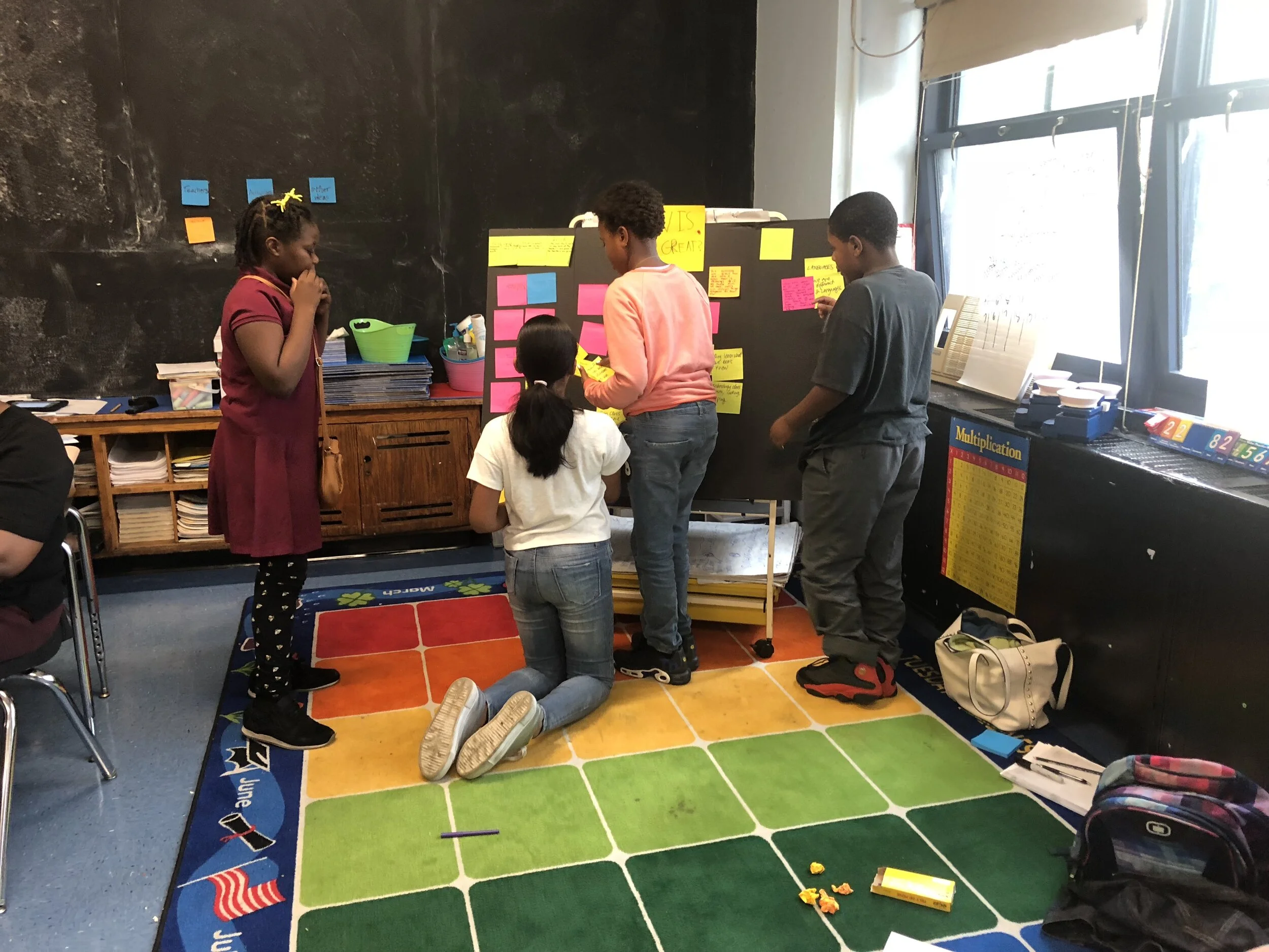 During a workshop at PS20 in Brooklyn that Inquiring Minds led, we asked 5th graders to show all the teachers how to create a Learning Wall using a trifold and post its. Not pictured are the 20 teachers, principal and 2 Inquiring Minds facilitators …