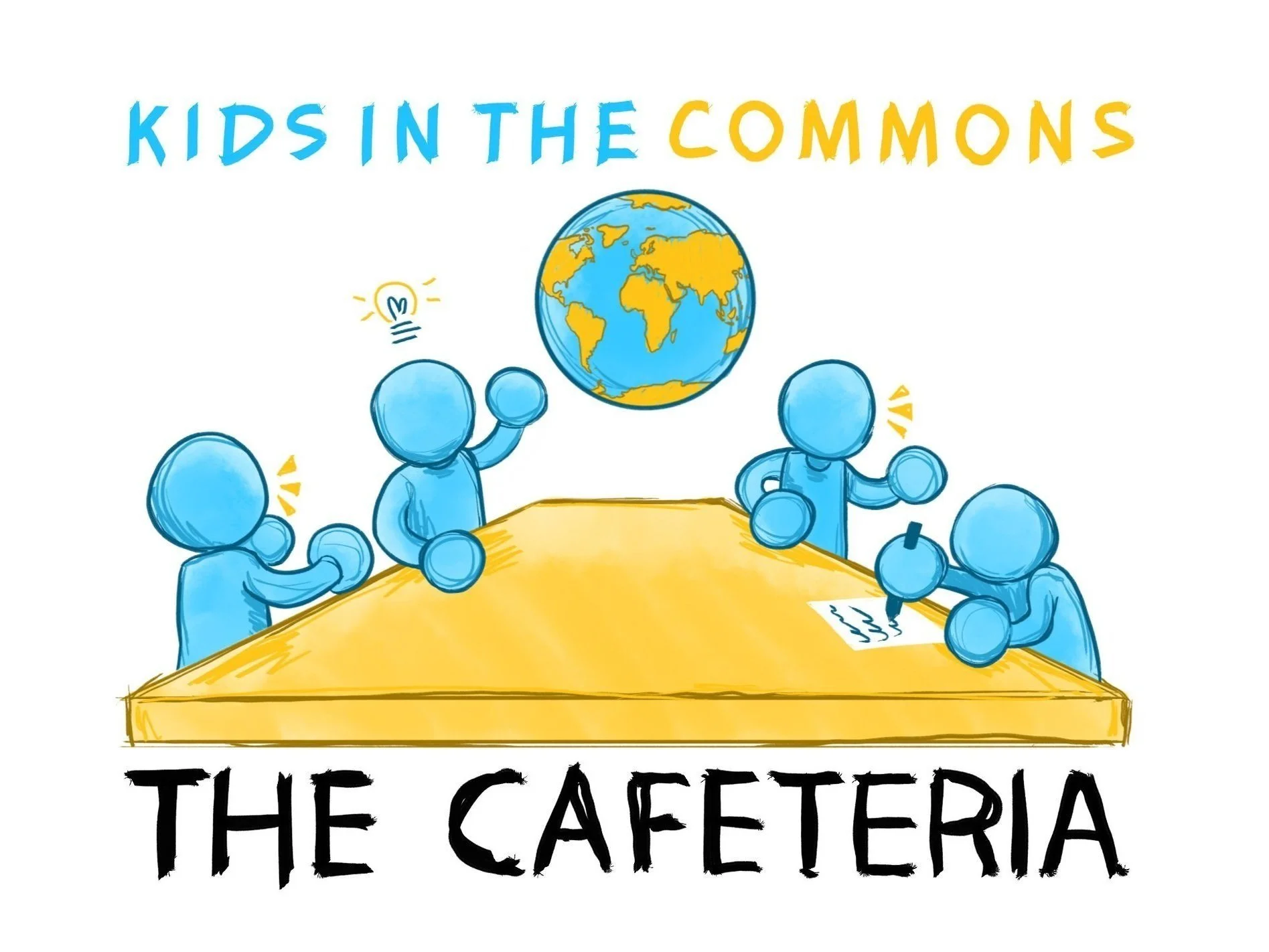 Illustration of children around a table with a globe above them, with the text 'KIDS IN THE COMMONS' at the top and 'THE CAFETERIA' at the bottom.