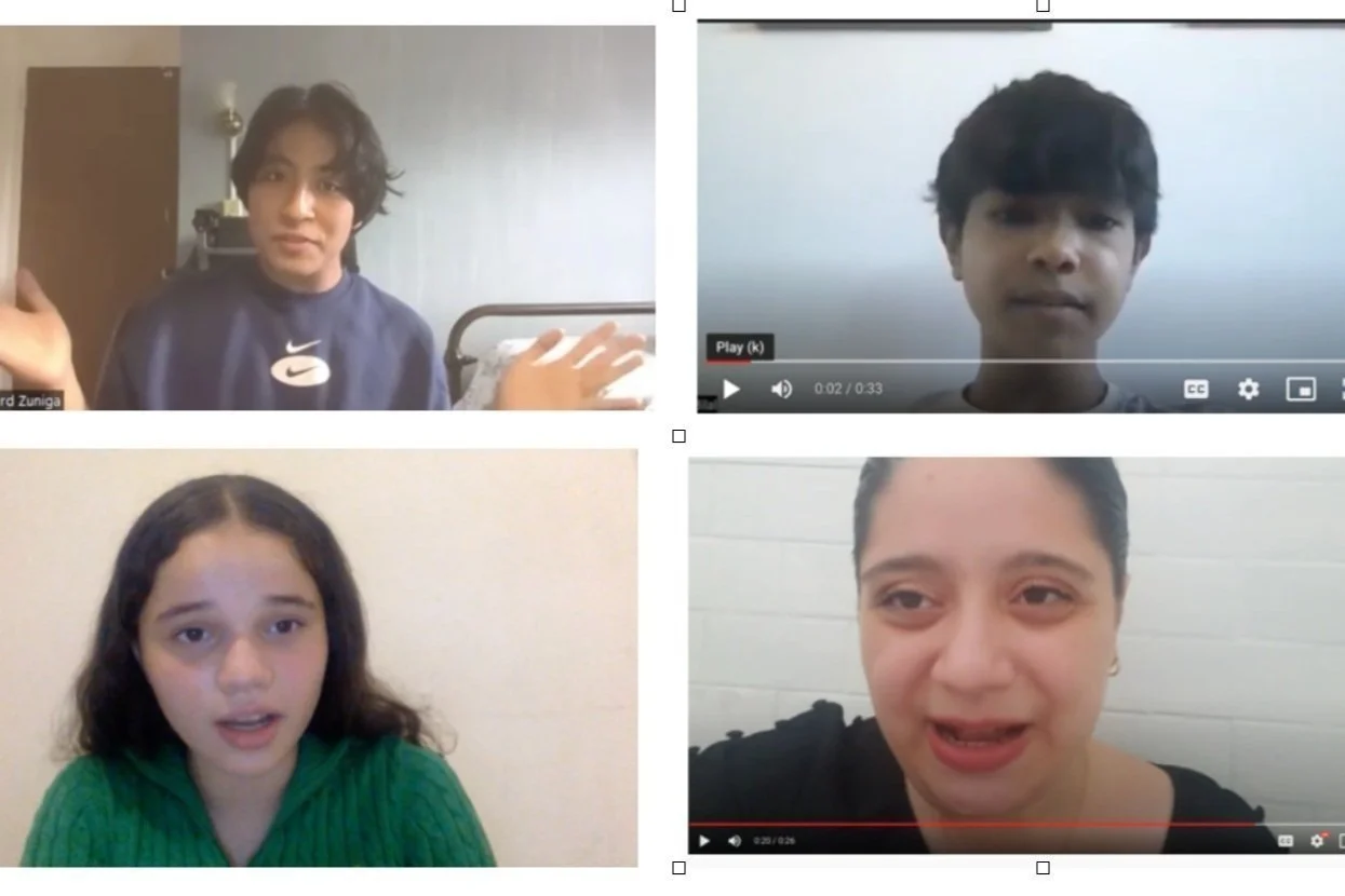 4 young people, two boys and two girls, explaining how the game "The United States of..." works to 5th graders.