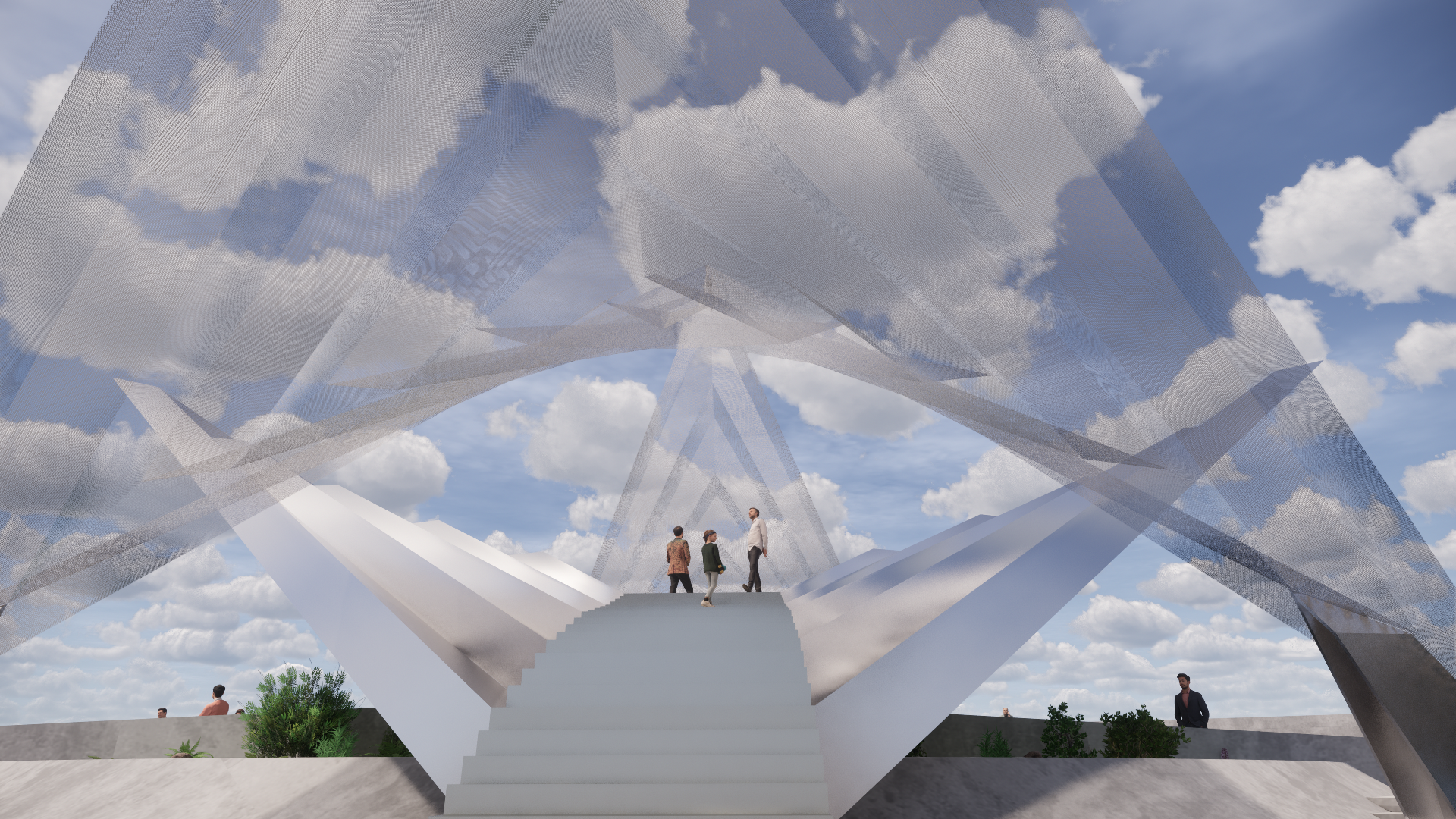 The design consists of a steel hyperbolic structure with steps that is surrounded with two light-weight canopies with perforations.  The central pavilion allows users to pass over the ramp below without disturbing the skate boarders.