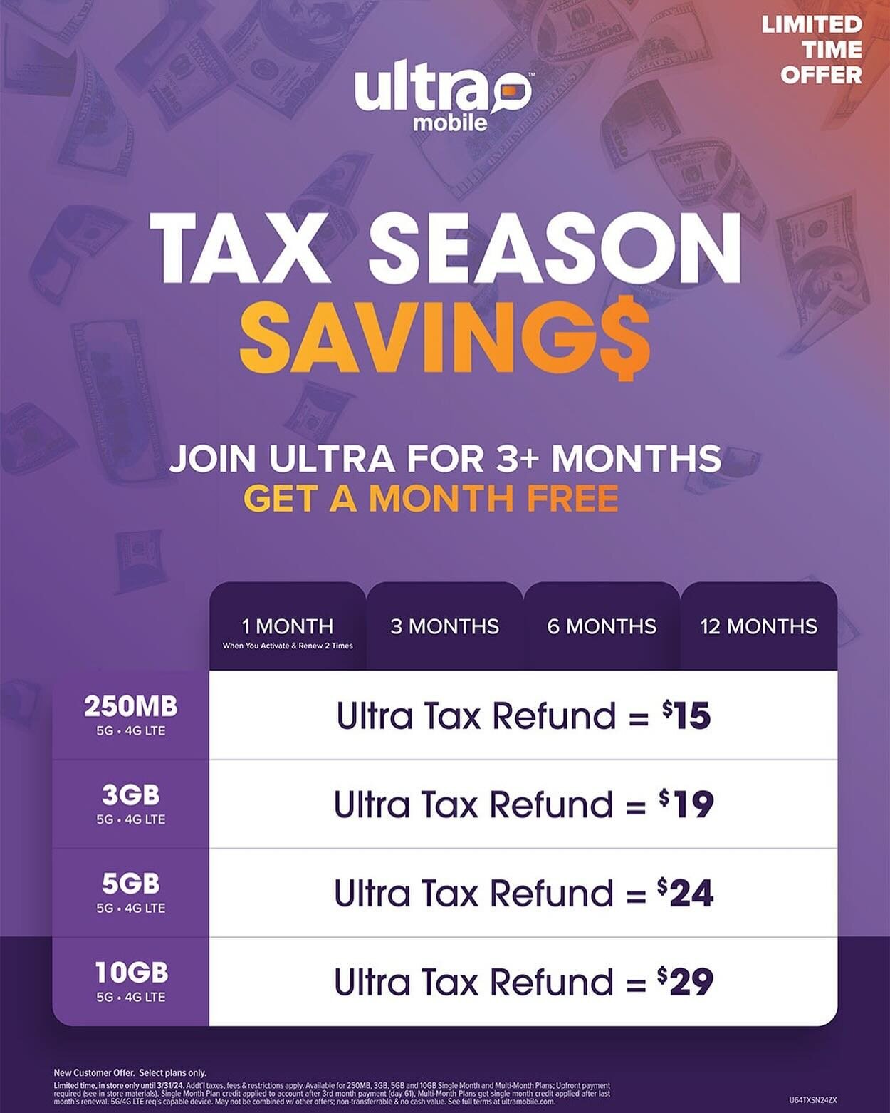 ULTRA MOBILE TAX SEASON SAVINGS
JOIN ULTRA FOR 3+ MONTHS, GET A MONTH FREE.

NOW AVAILABLE ON ALL ULTRA MOBILE PLANS

This limited time offer is only available between now until 4/30/24.

FREE LG G6 when you activate on the 10GB plan and pay for 3 mo