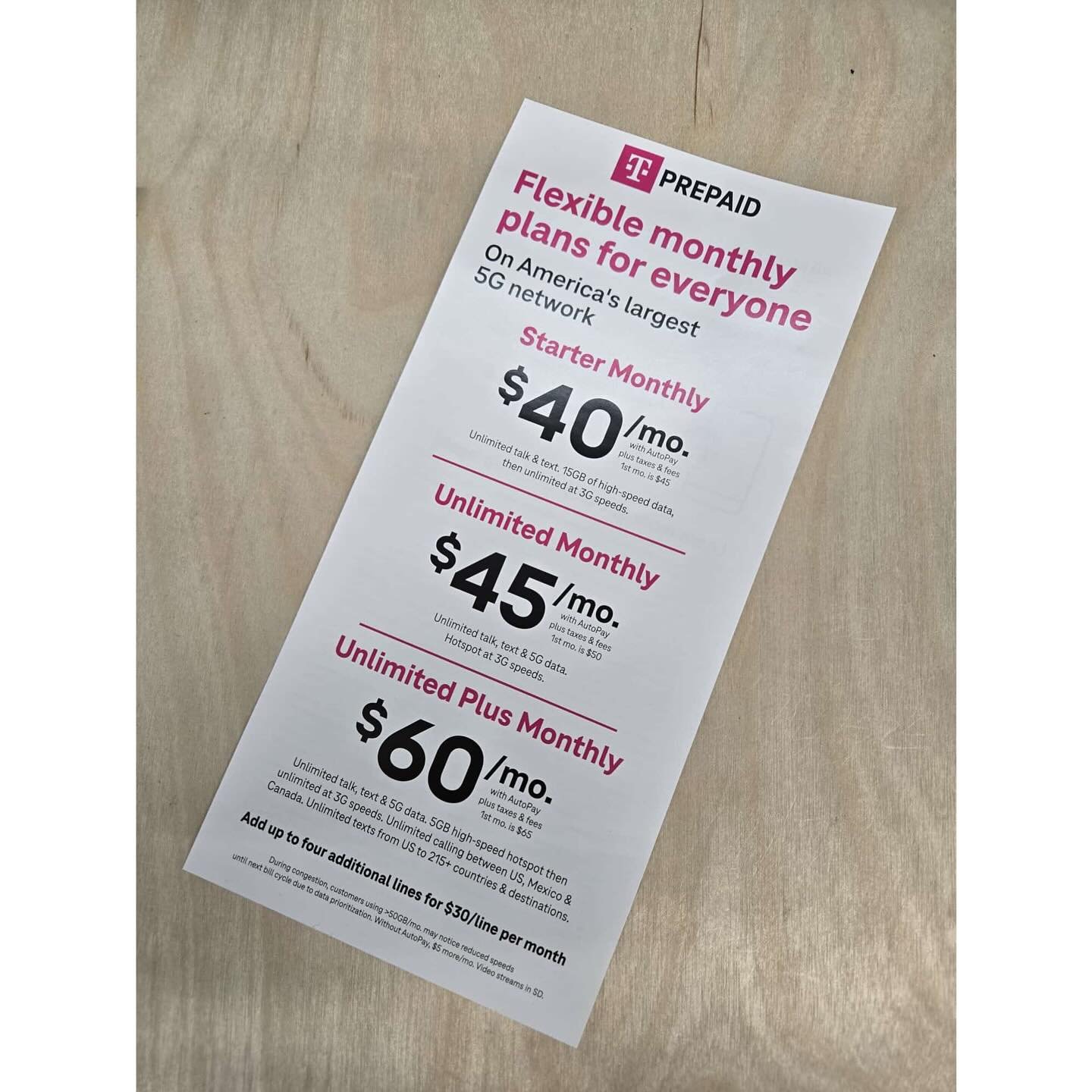 New T-Mobile Prepaid Plans

$45 Starter
- Unlimited talk, text &amp; 15GB of high-speed data

$50 Unlimited
- Unlimited talk, text &amp; 5G data
- Unlimited hotspot at 3G speeds

$60 Unlimited+
- Unlimited talk, text &amp; 5G data
- 5GB of high-speed