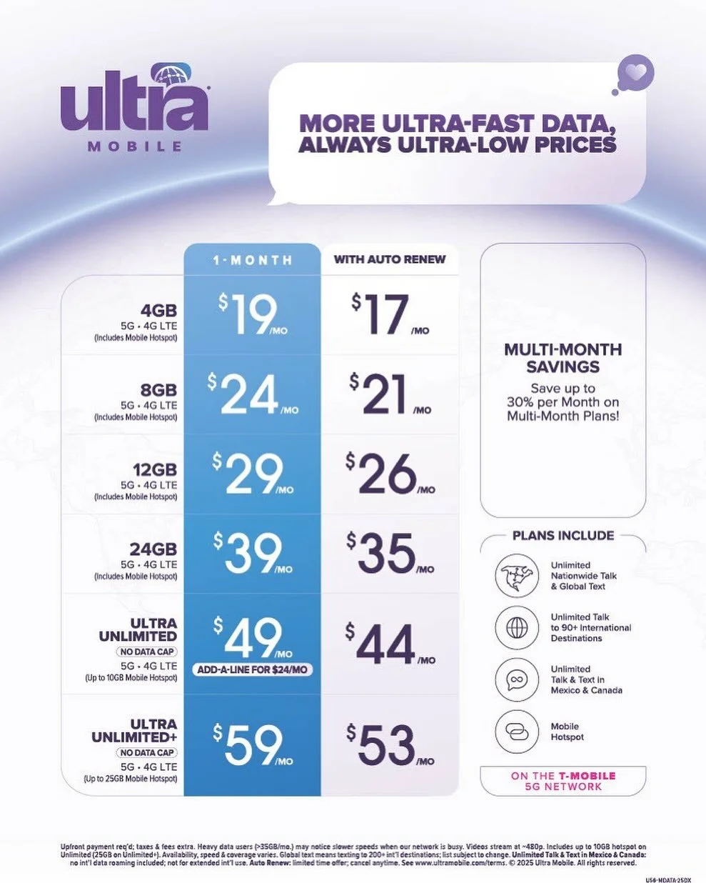 New Ultra Mobile Plans

URL : https://conta.cc/40H0aRX

24GB, Unlimited and Unlimited+ Plans receive :
5GB of high-speed data to use in Mexico each month with our Go Roam Mexico Data Roaming Pass (a $5 value) at no additional cost.

Ultra Unlimited P