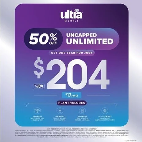 Get UNLIMITED 5G for 1 FULL YEAR for only $204.

Yes, get 50% off UNCAPPED UNLIMITED for 1 year.

Must activate a new number or port-in from external carrier.

Regular price : $408.00 - offer ends 03/31.

Full payment must be made at the time of acti