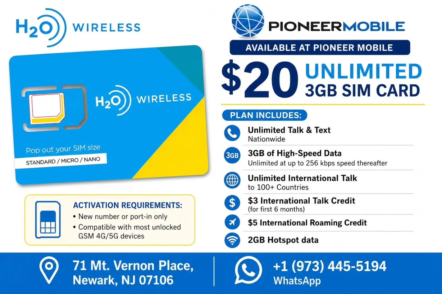 BOGO MONTH FREE: H2O Wireless $20 SIM Card

Price: $20.00

Activate one month, get the second month free.

Valid on the $20 plan only.

New number or port-in only.  No upgrades.

- #h2owireless #pioneermobile #BOGO #simcard #prepaid