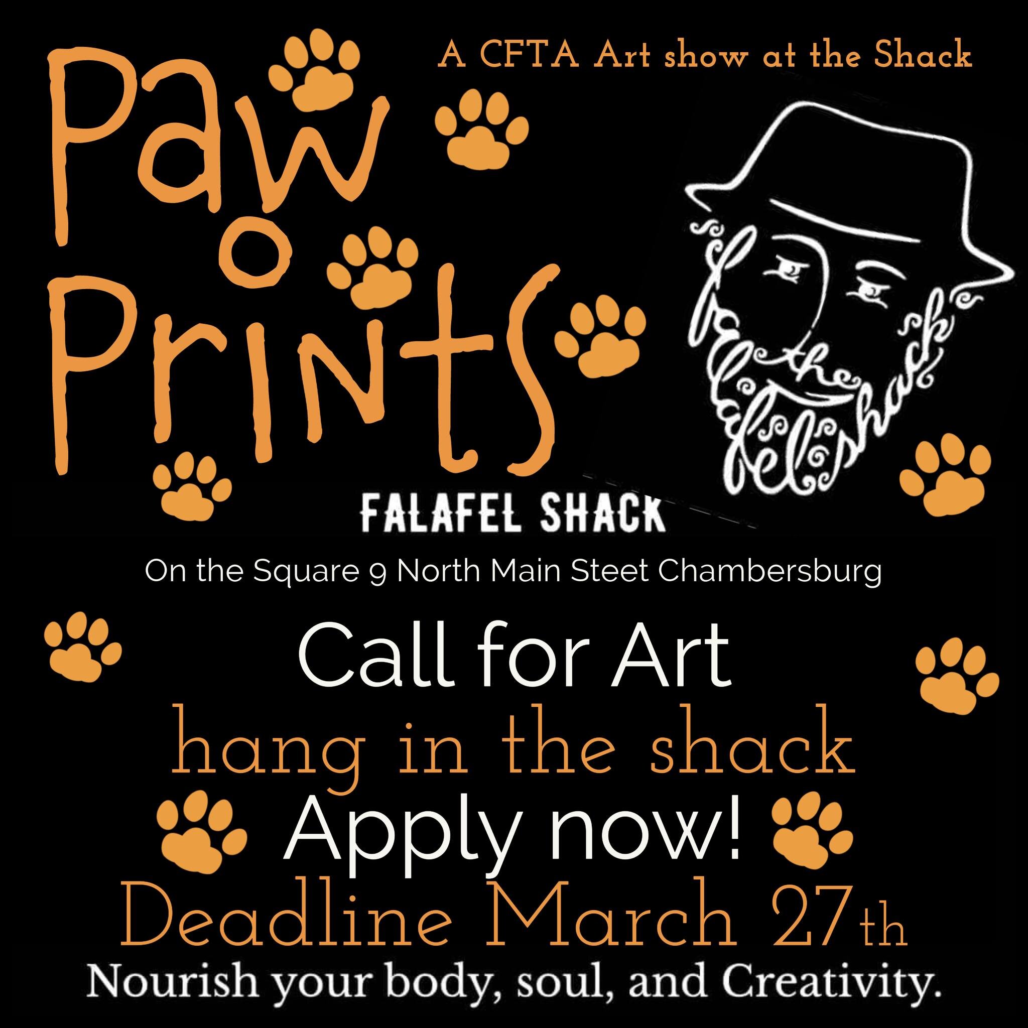 Hang in the Shack!
Any size, any medium, animals
Hang in the shack for 3 months April-May-June
Deadline March 27th
More information at https://www.councilforthearts.net/seasonal-falafel-shack-call-for-art