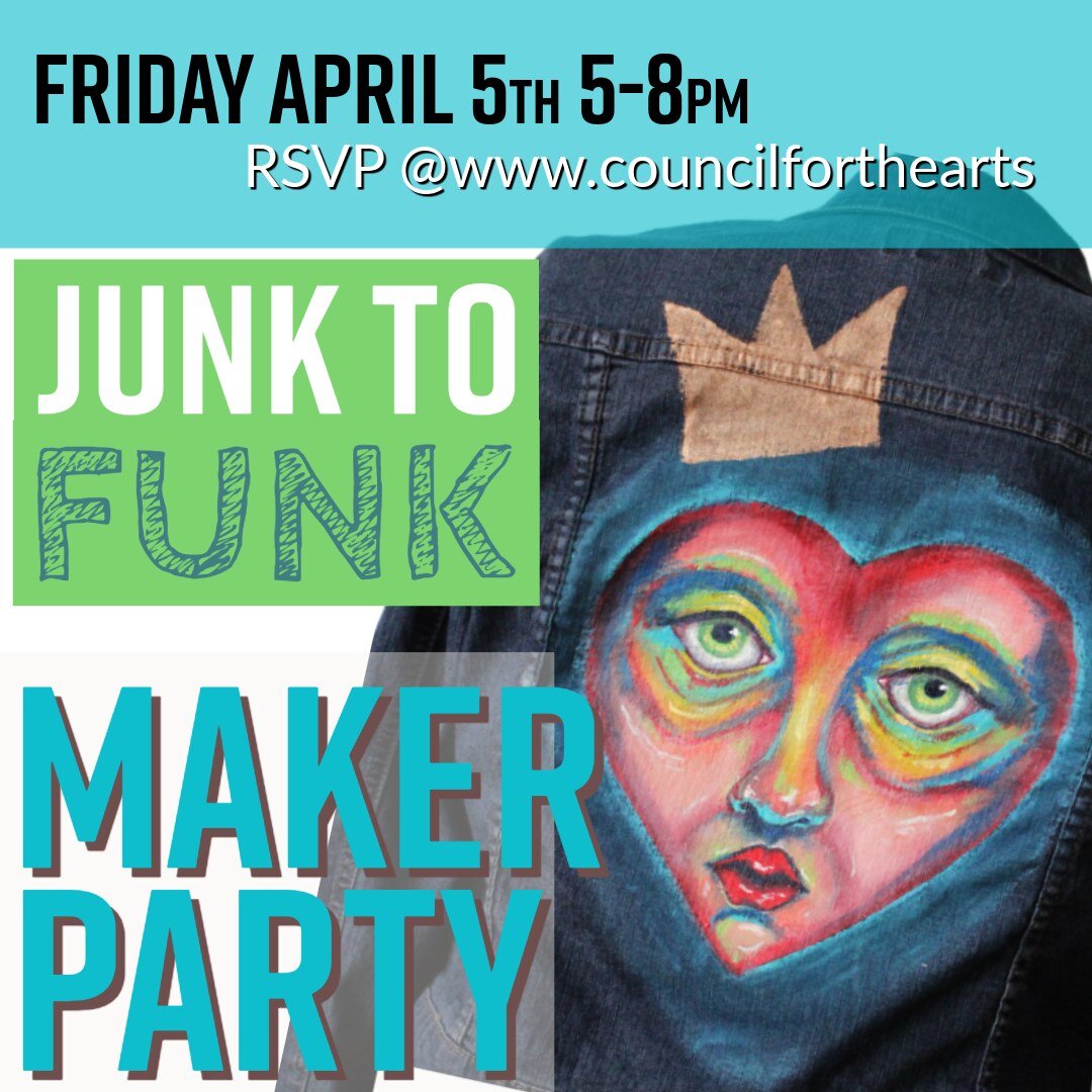 Two events to create fun fashion!
Friday April 5th 5-8 pm - Finish your jacket for the Jacket Project
Sunday April 7th 12-3 pm - Hang out with Holly and create Wearable Art
Sign up now space is limited!
https://www.councilforthearts.net/registrations