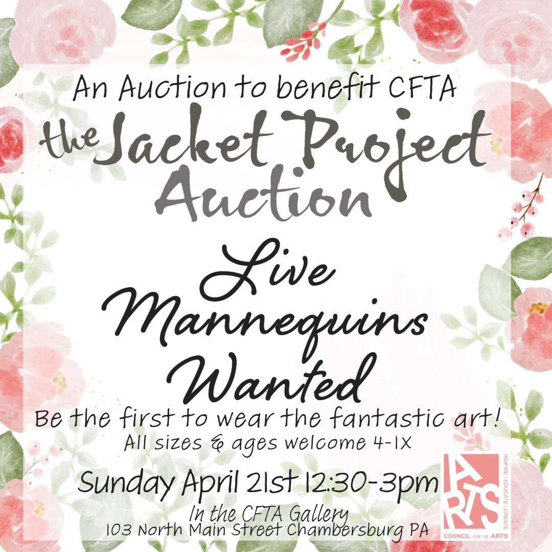 Live Mannequins needed for the Council for the Arts Jacket Project Auction
All sizes &amp; ages welcome
Sunday, April 21st 12:30-3
If interested message us here or email Andi at gallery@councilforthearts.net