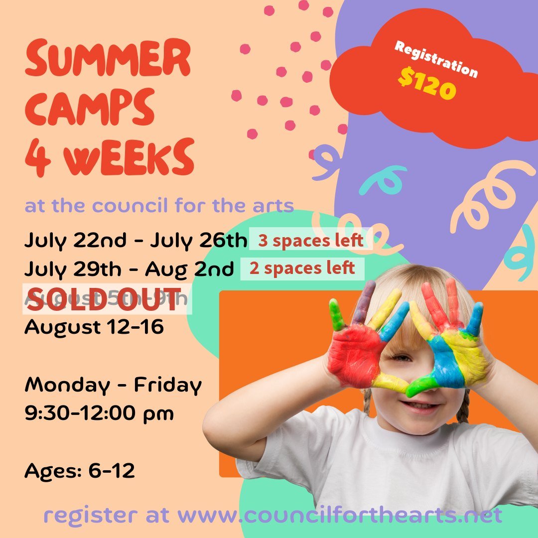 Keep the Kids busy this Summer with Art classes at the Council
Summer Camps July-August - filling fast!
STEM Make and Take classes with Jill June - Tuesdays &amp; Thursdays
Arts Express at CFTA with Sara Fridays June &amp; July 1-2:30 pm
Arts Express