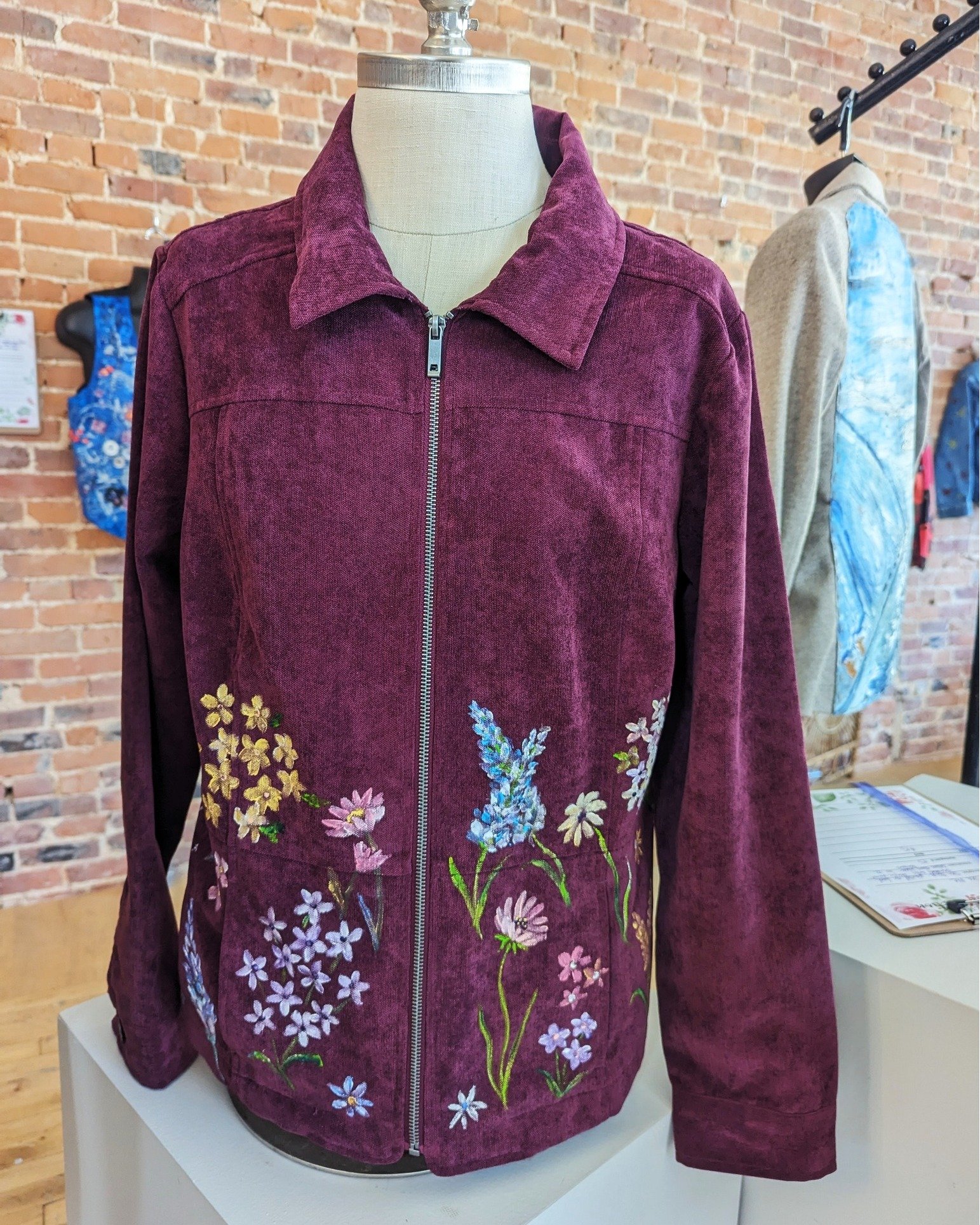 This delightful raspberry corduroy zippered jacket is delicately painted by our own Deb Slocum. 
Don't miss your chance to bid on this jacket!
Get your tickets now!
https://www.councilforthearts.net/
Sunday, April 21st 1-3 pm at the Council for the A